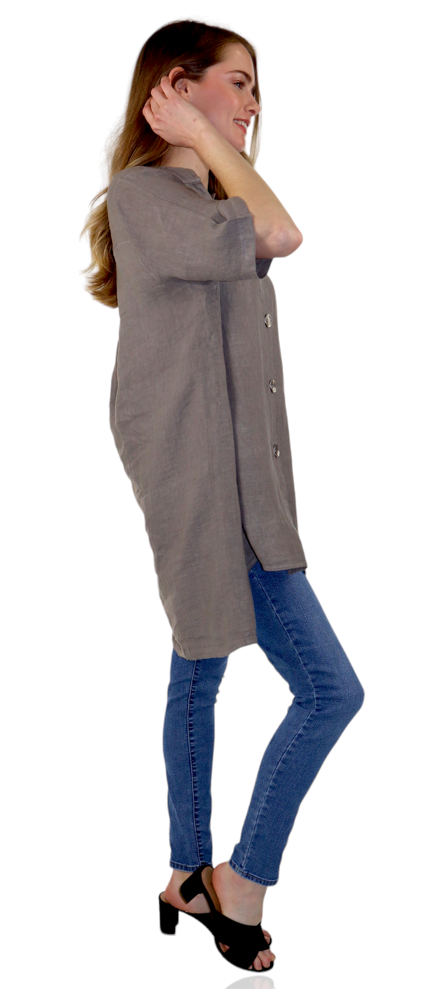 Womens Linen Button Down High Low Tunic Blouse Dress Top