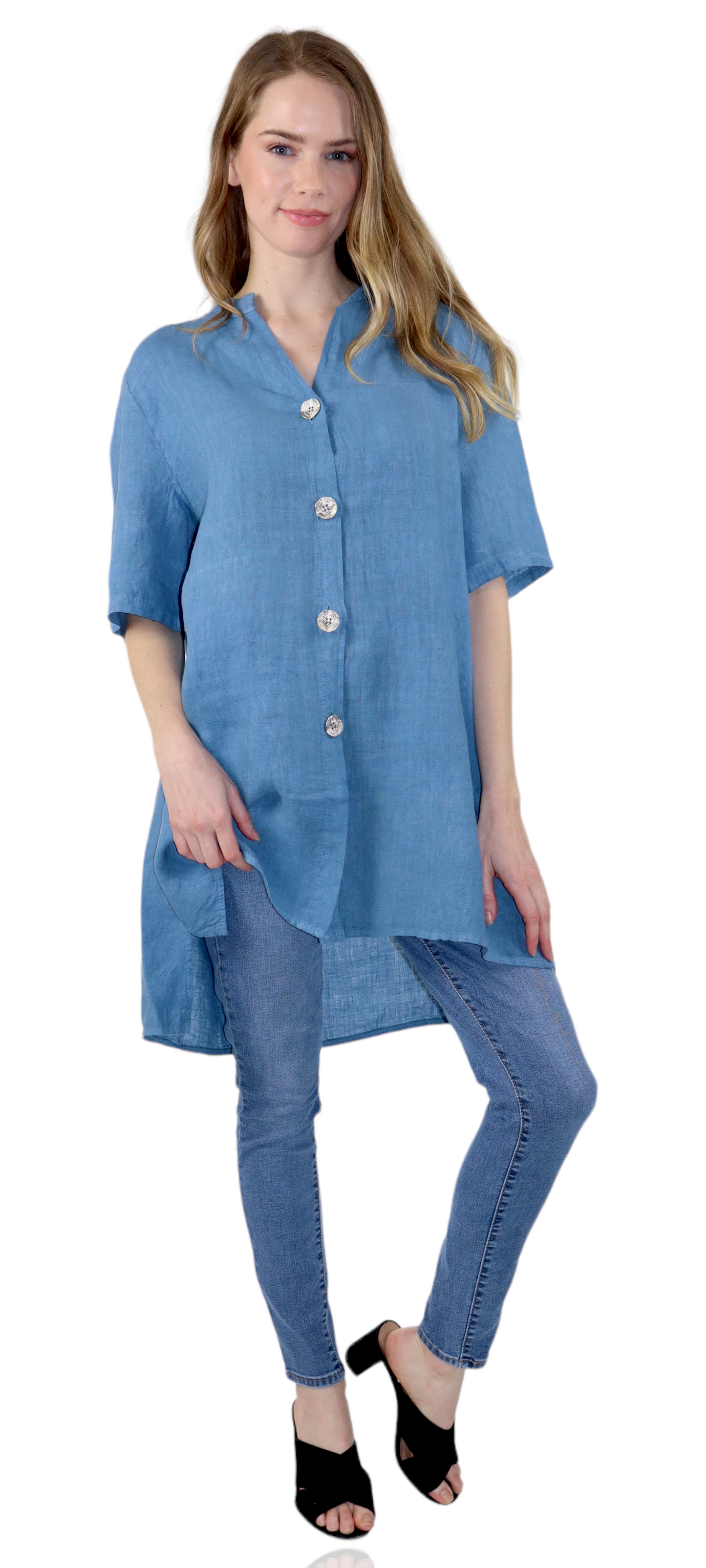 Womens Linen Button Down High Low Tunic Blouse Dress Top