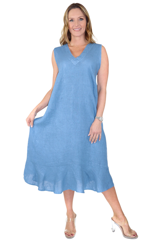 100% Linen Bohemian Sleeveless Boho Sun Dress, Made in Italy