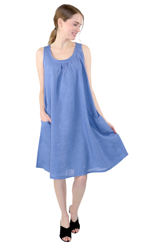 Linen Sleeveless Midi Dress with Bowtie Back and Front Pockets, 100% Natural Linen