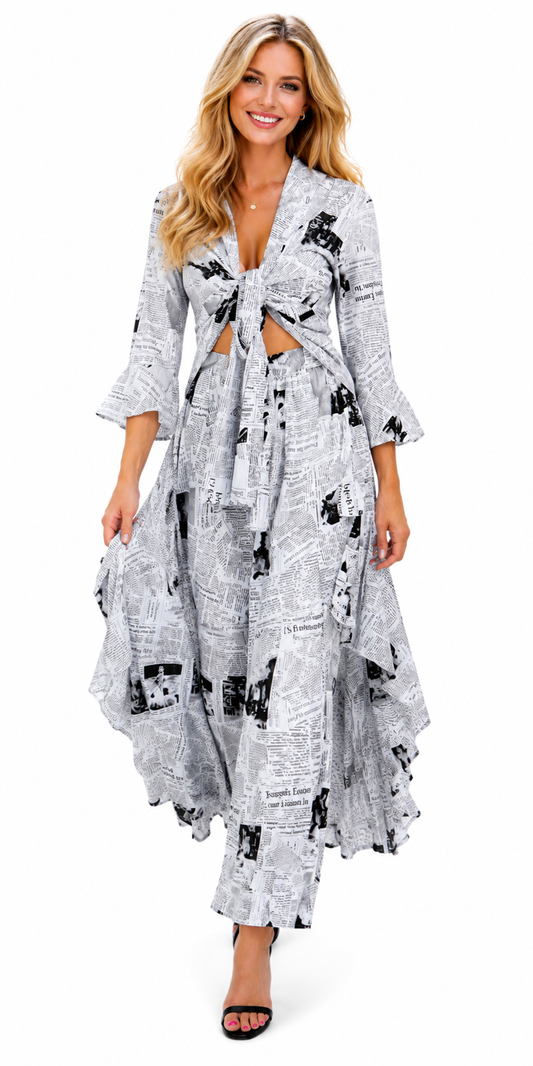 Women's Newspaper Print Boho, European inspired  2 Piece Cotton Pants Set, Regular and Plus Sizes