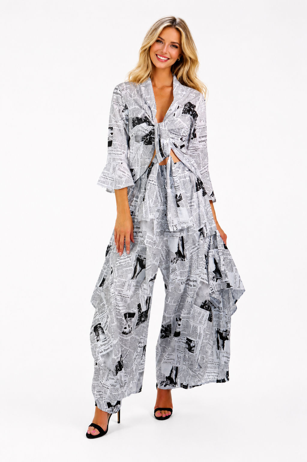 Women's Newspaper Print Boho, European inspired  2 Piece Cotton Pants Set, Regular and Plus Sizes