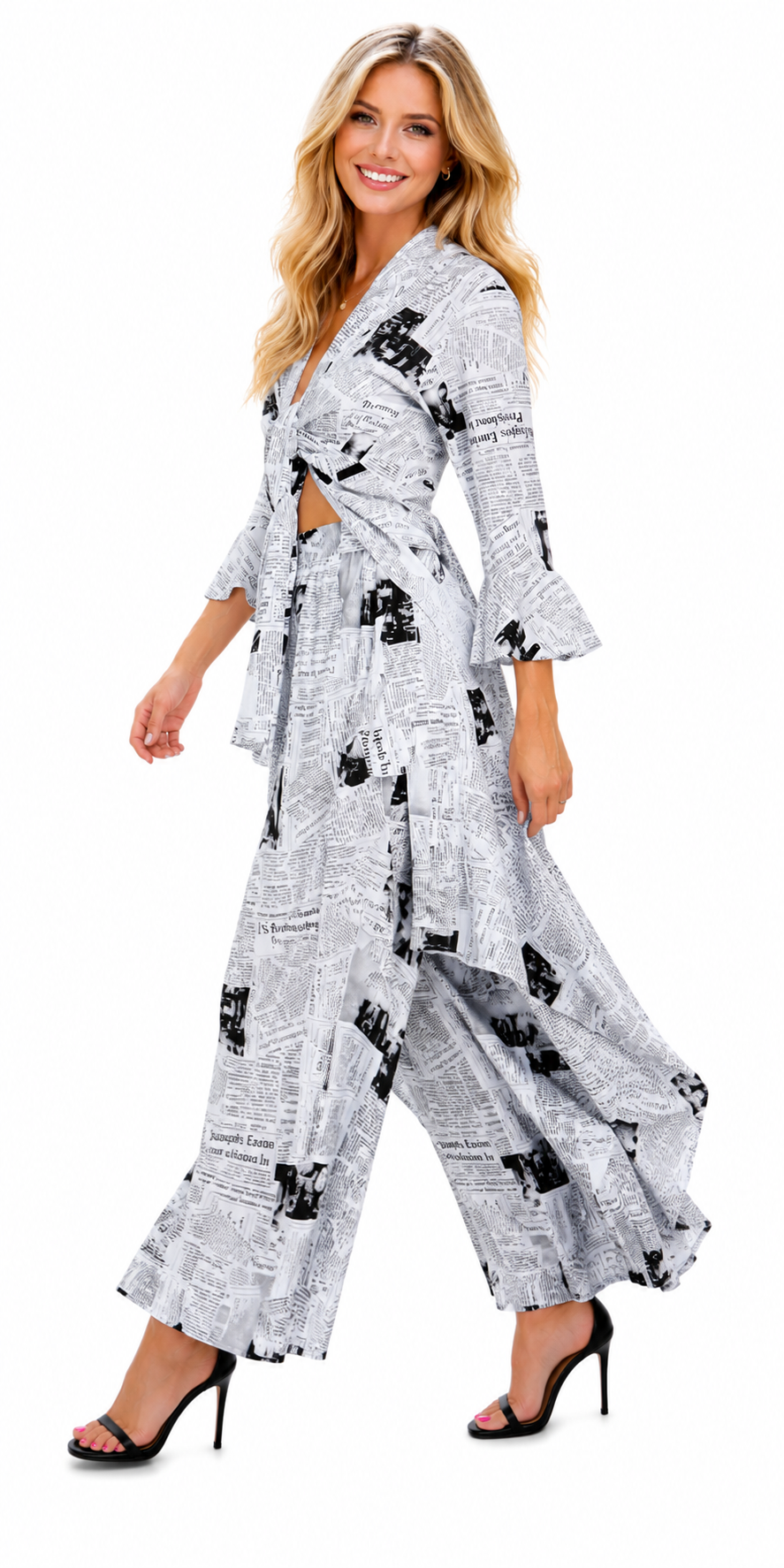 Women's Newspaper Print Boho, European inspired  2 Piece Cotton Pants Set, Regular and Plus Sizes