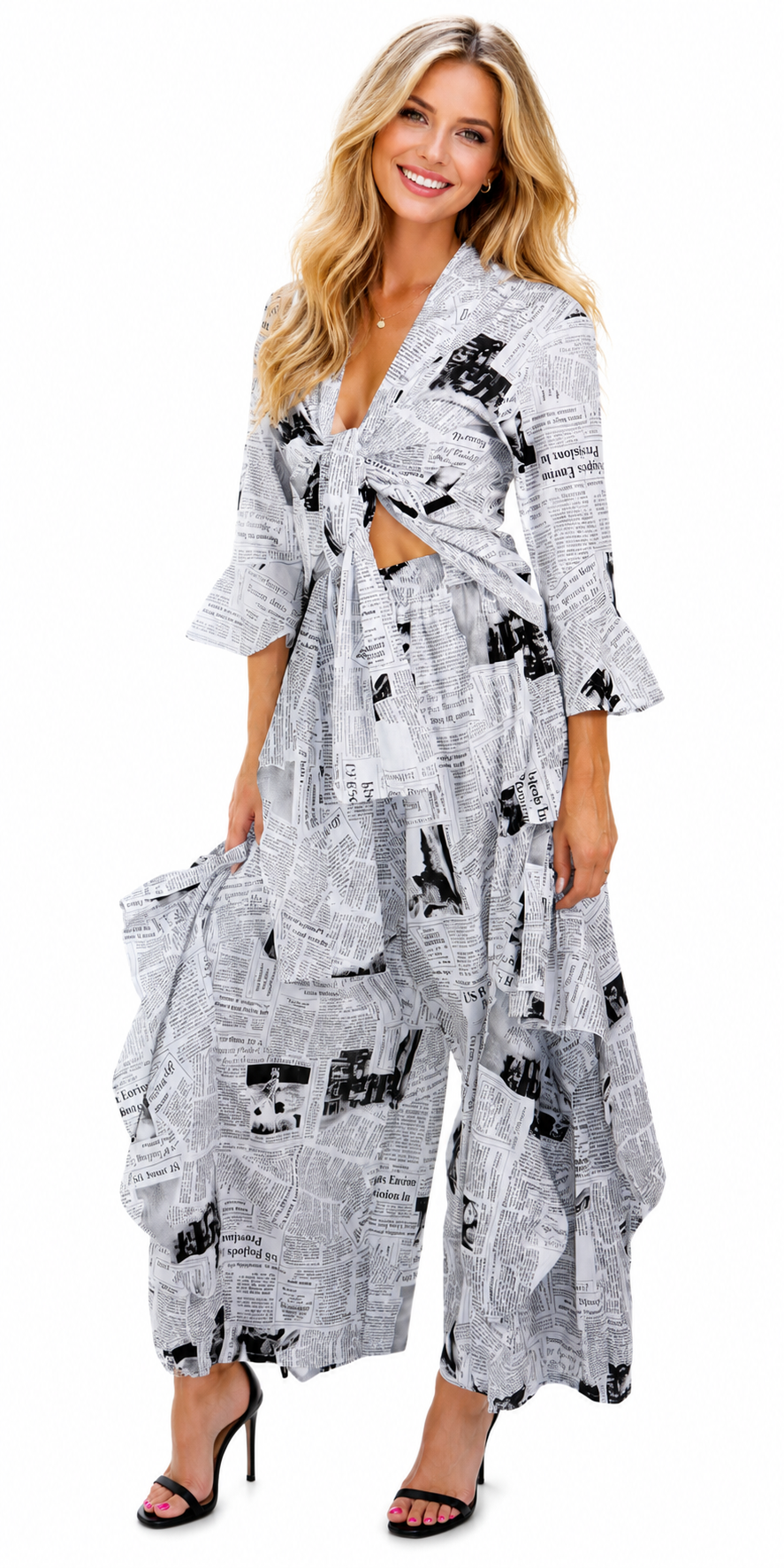 Women's Newspaper Print Boho, European inspired  2 Piece Cotton Pants Set, Regular and Plus Sizes