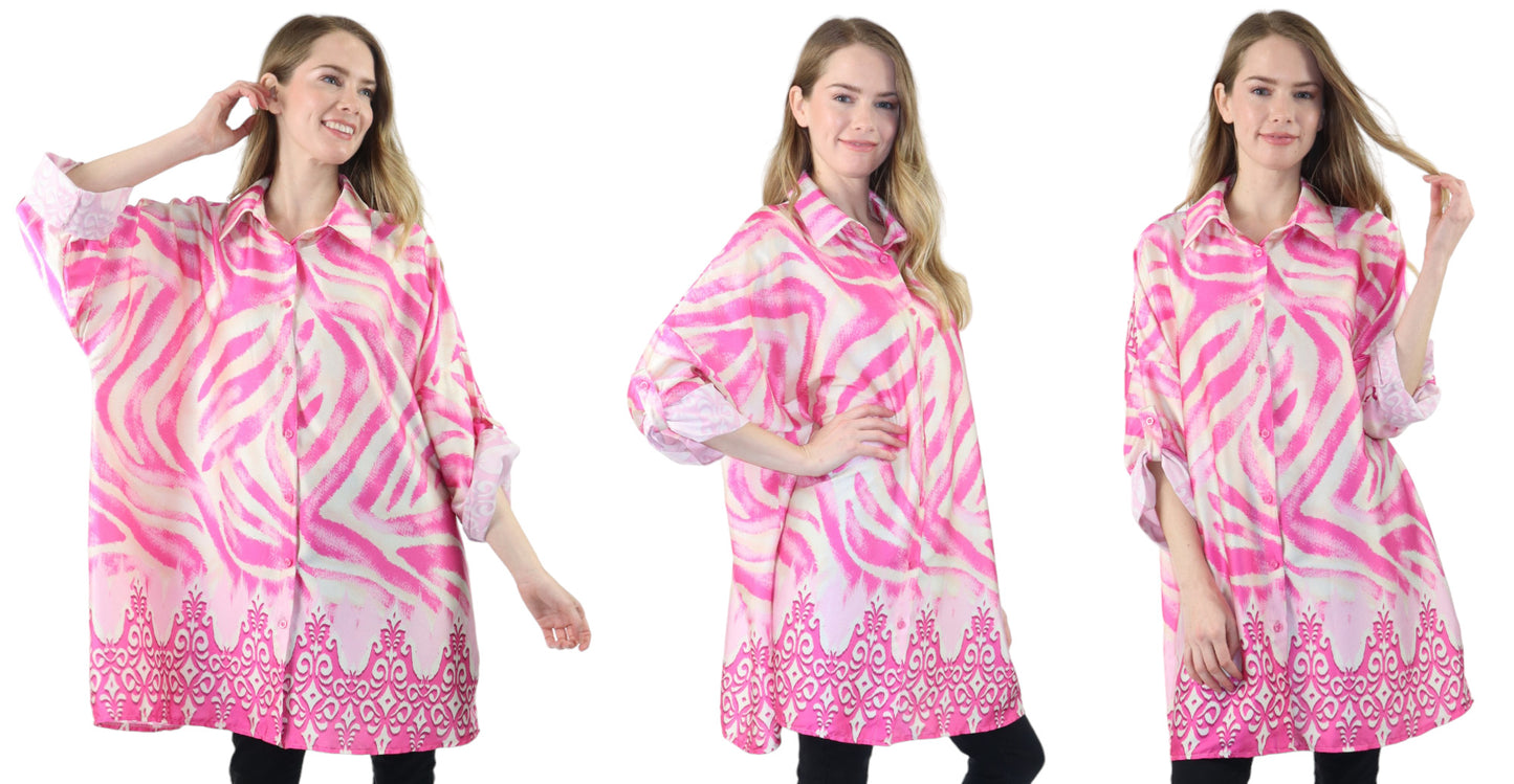 Womens Oversized Baggy Button Down Digital Swirl Print Shirt Blouse Tunic Top with Collar | One Size Fits All