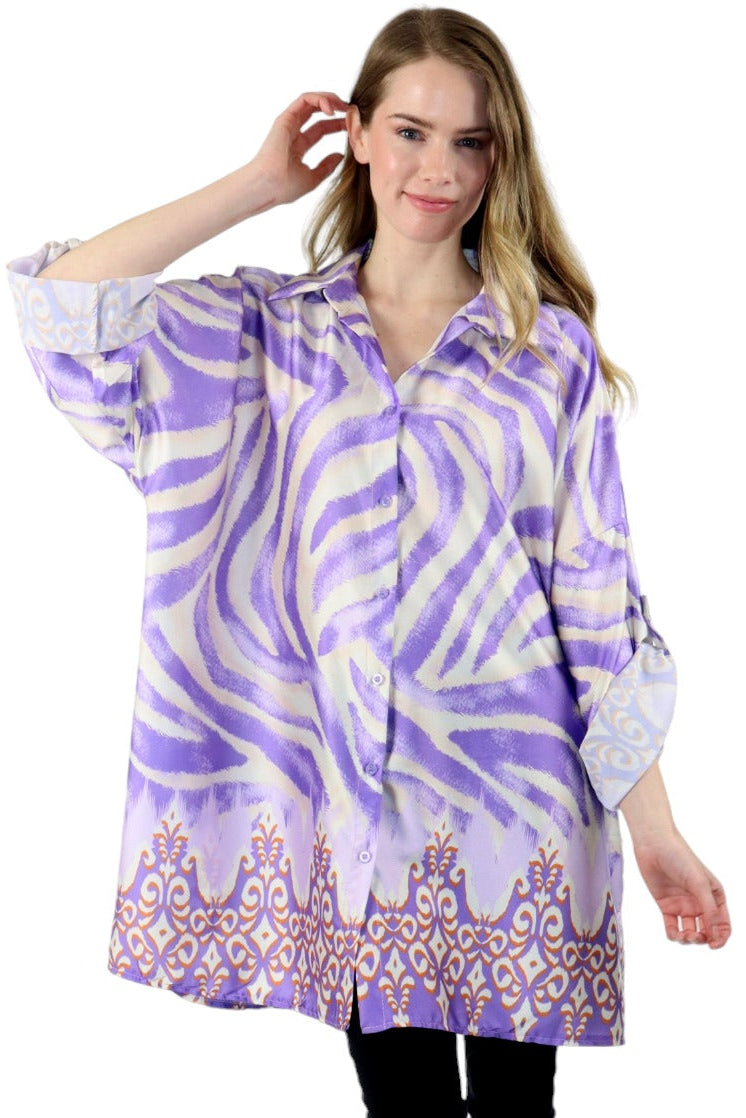 Womens Oversized Baggy Button Down Digital Swirl Print Shirt Blouse Tunic Top with Collar | One Size Fits All