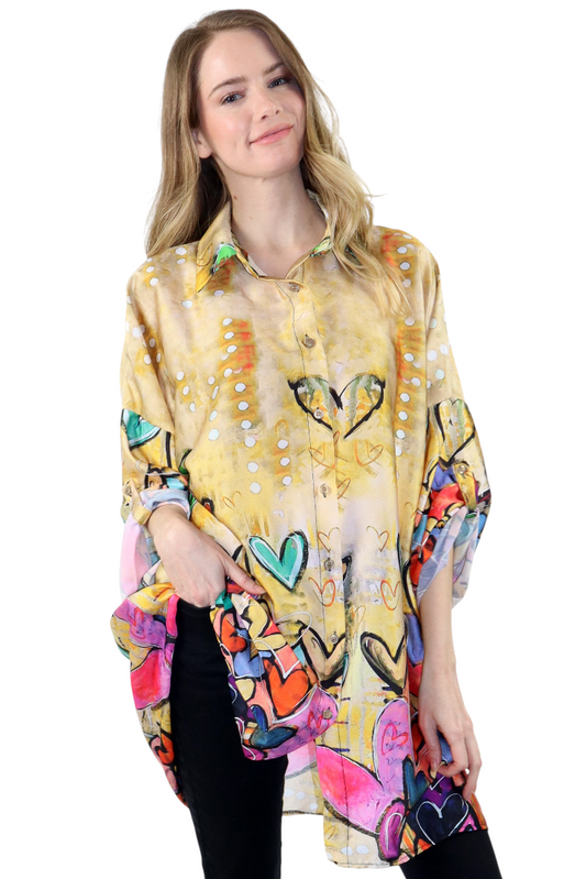 Womens Oversized Baggy Button Down Digital Heart Print Shirt Blouse Tunic Top with Collar | One Size Fits All