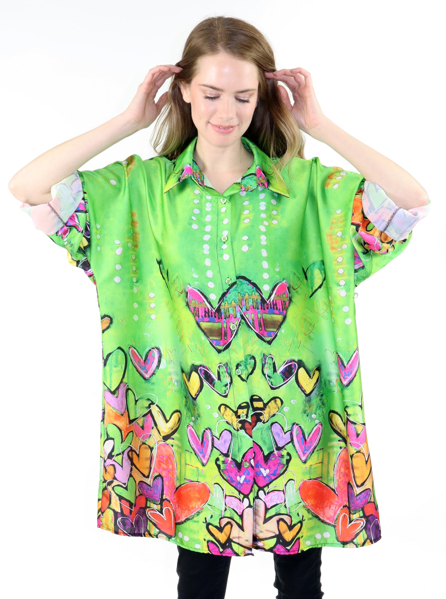 Womens Oversized Baggy Button Down Digital Heart Print Shirt Blouse Tunic Top with Collar | One Size Fits All