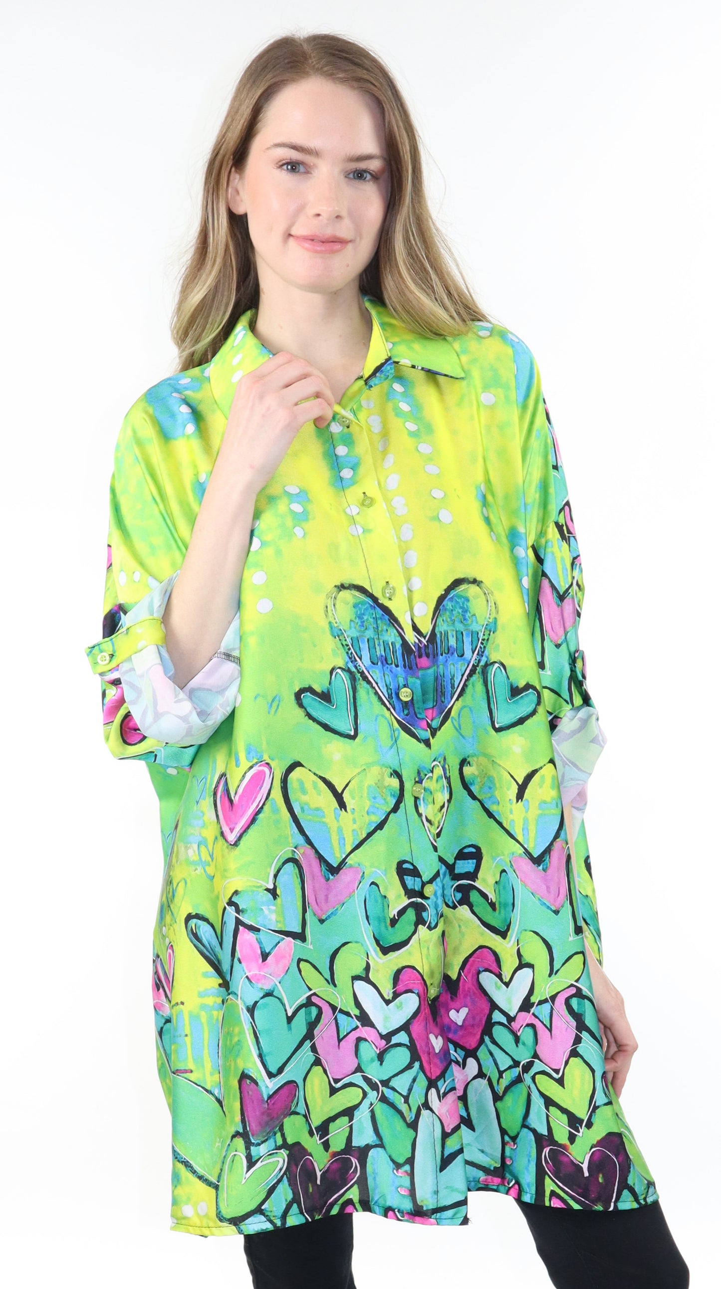 Womens Oversized Baggy Button Down Digital Heart Print Shirt Blouse Tunic Top with Collar | One Size Fits All