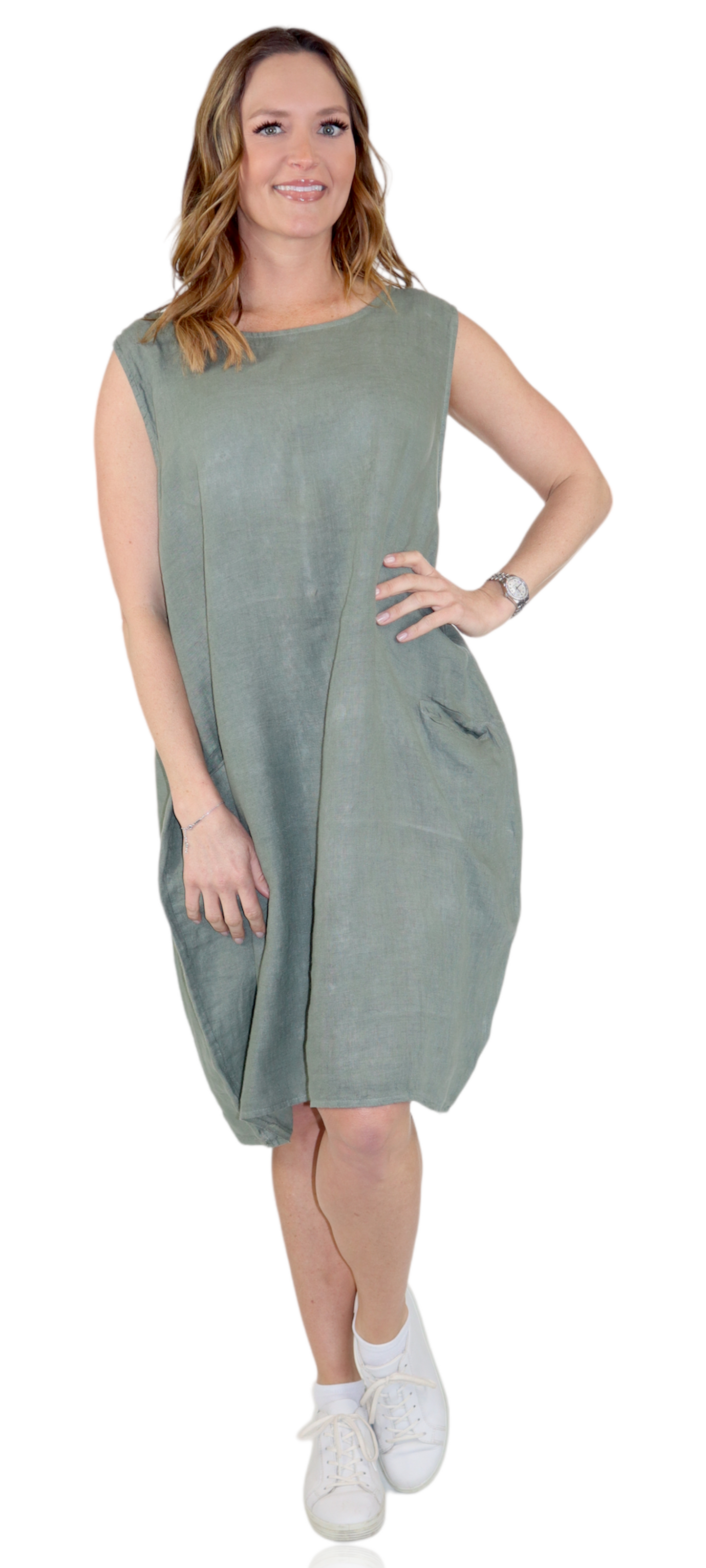 100% Linen Breathable Bubble Hem Pullover Dress Top, Made in Italy