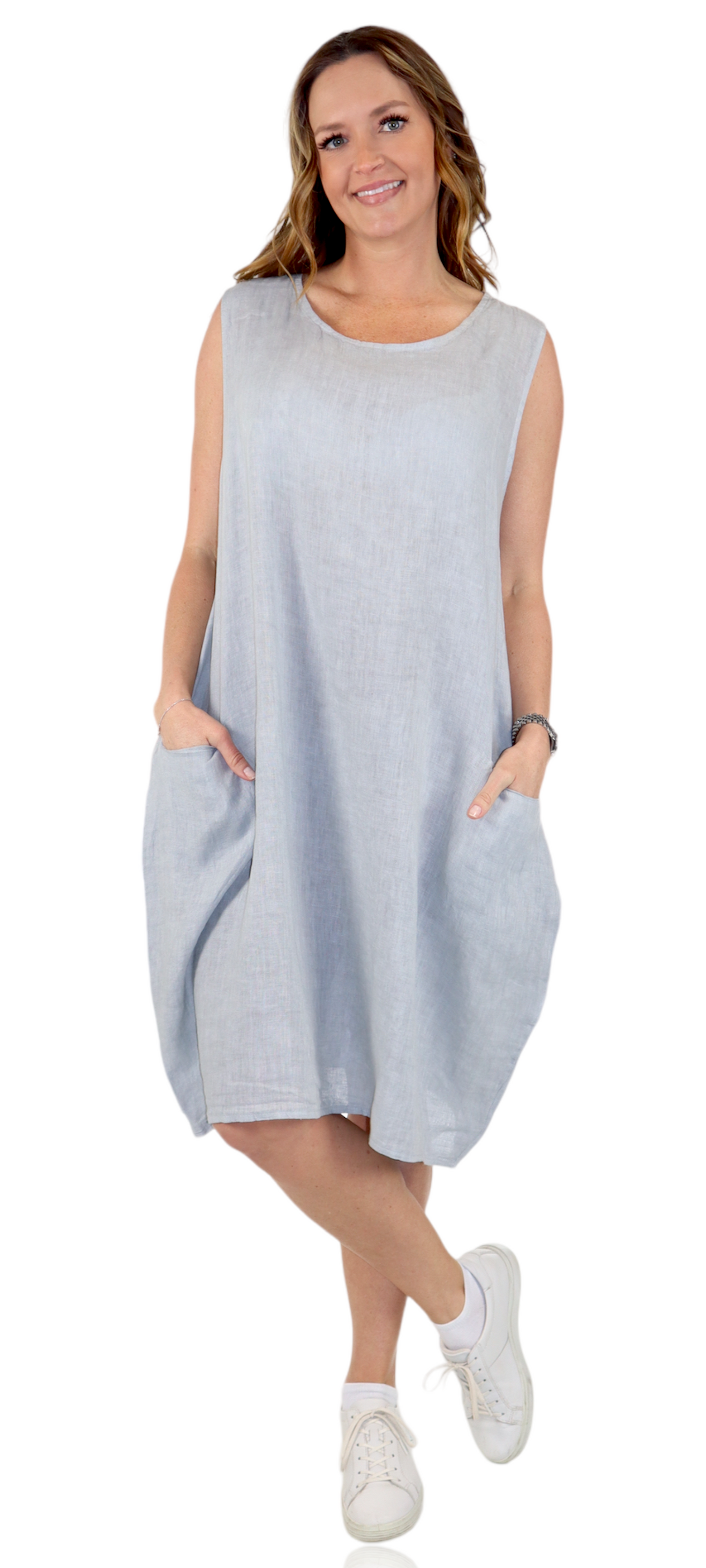 100% Linen Breathable Bubble Hem Pullover Dress Top, Made in Italy