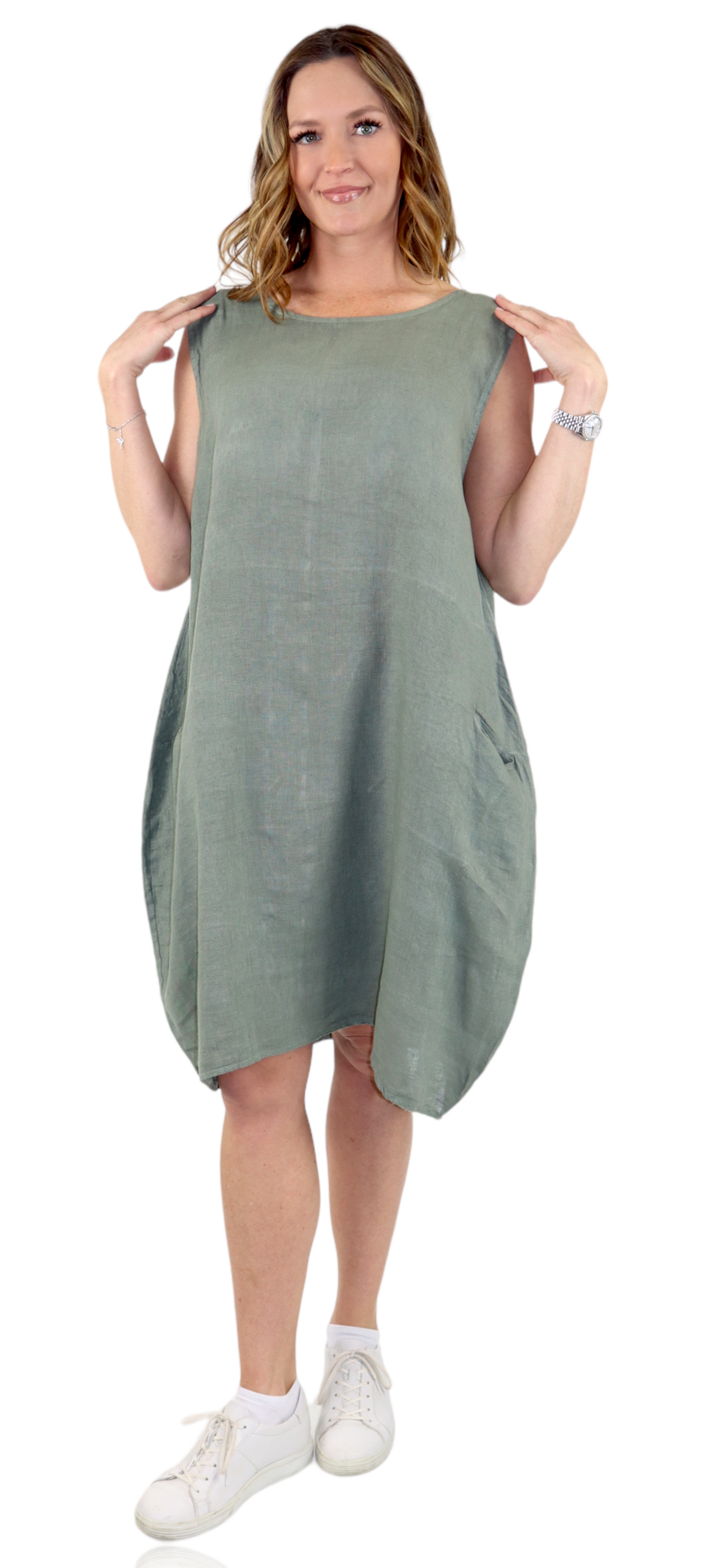 100% Linen Breathable Bubble Hem Pullover Dress Top, Made in Italy