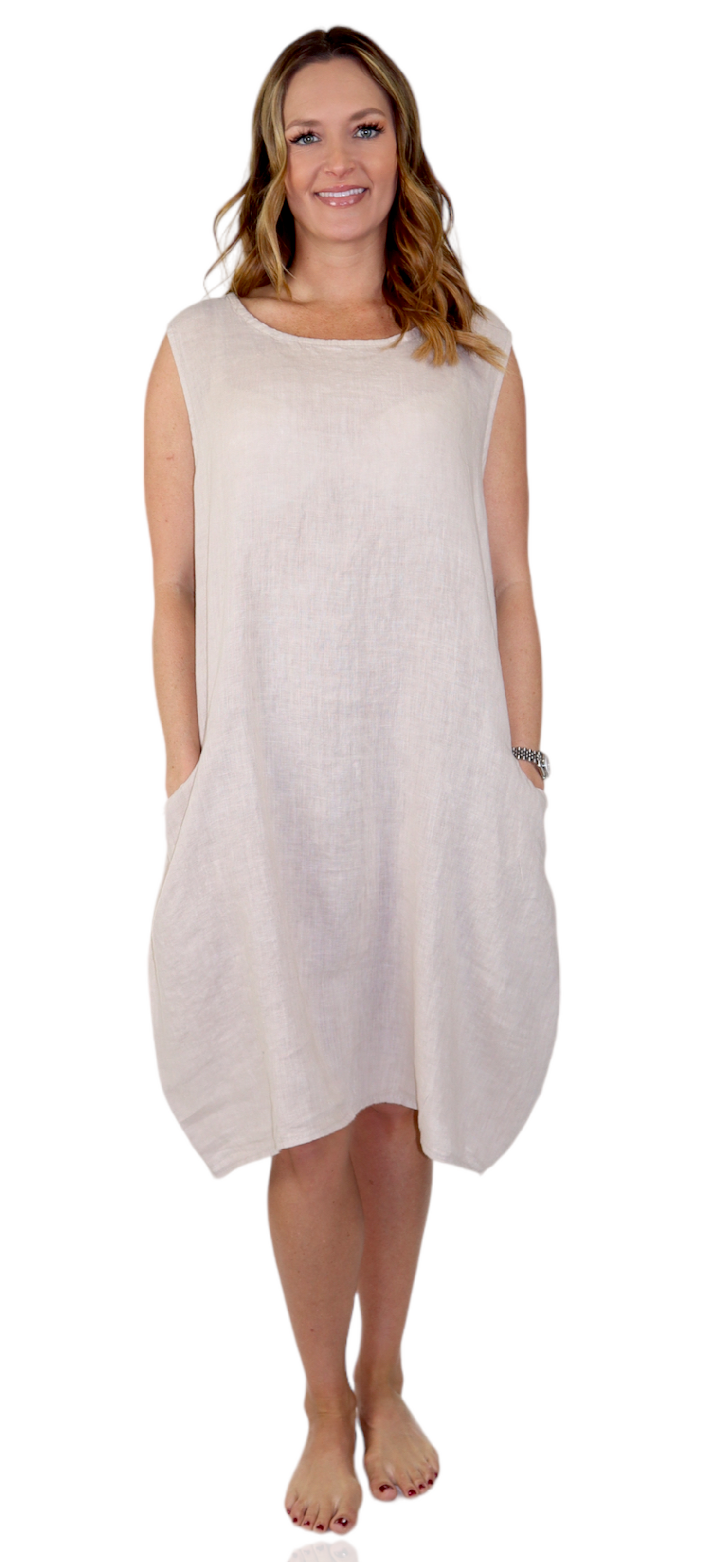 100% Linen Breathable Bubble Hem Pullover Dress Top, Made in Italy