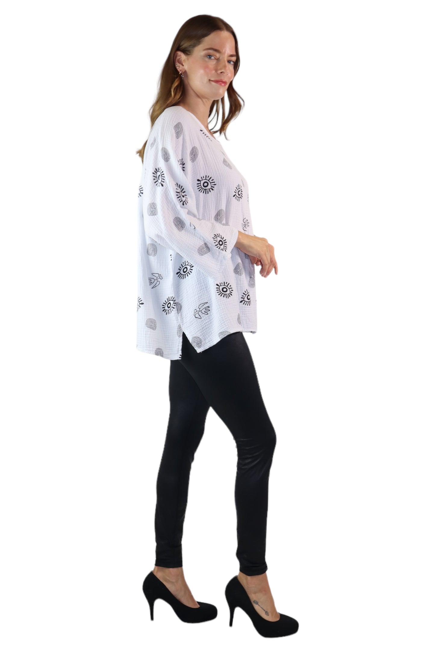 Womens Bohemian Oversized Baggy Artsy Print Cotton Gauze Tunic Blouse Top | One Size Fits all (S-3X)