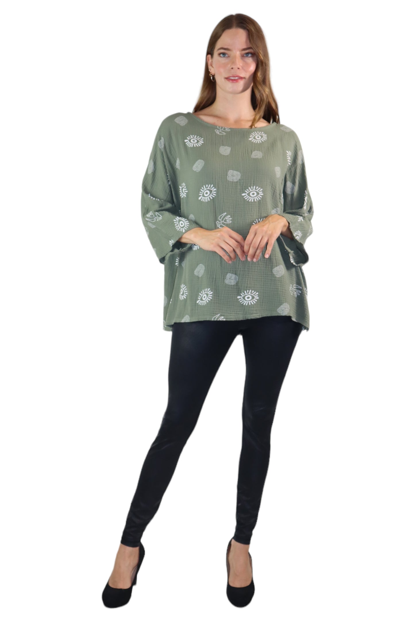 Womens Bohemian Oversized Baggy Artsy Print Cotton Gauze Tunic Blouse Top | One Size Fits all (S-3X)