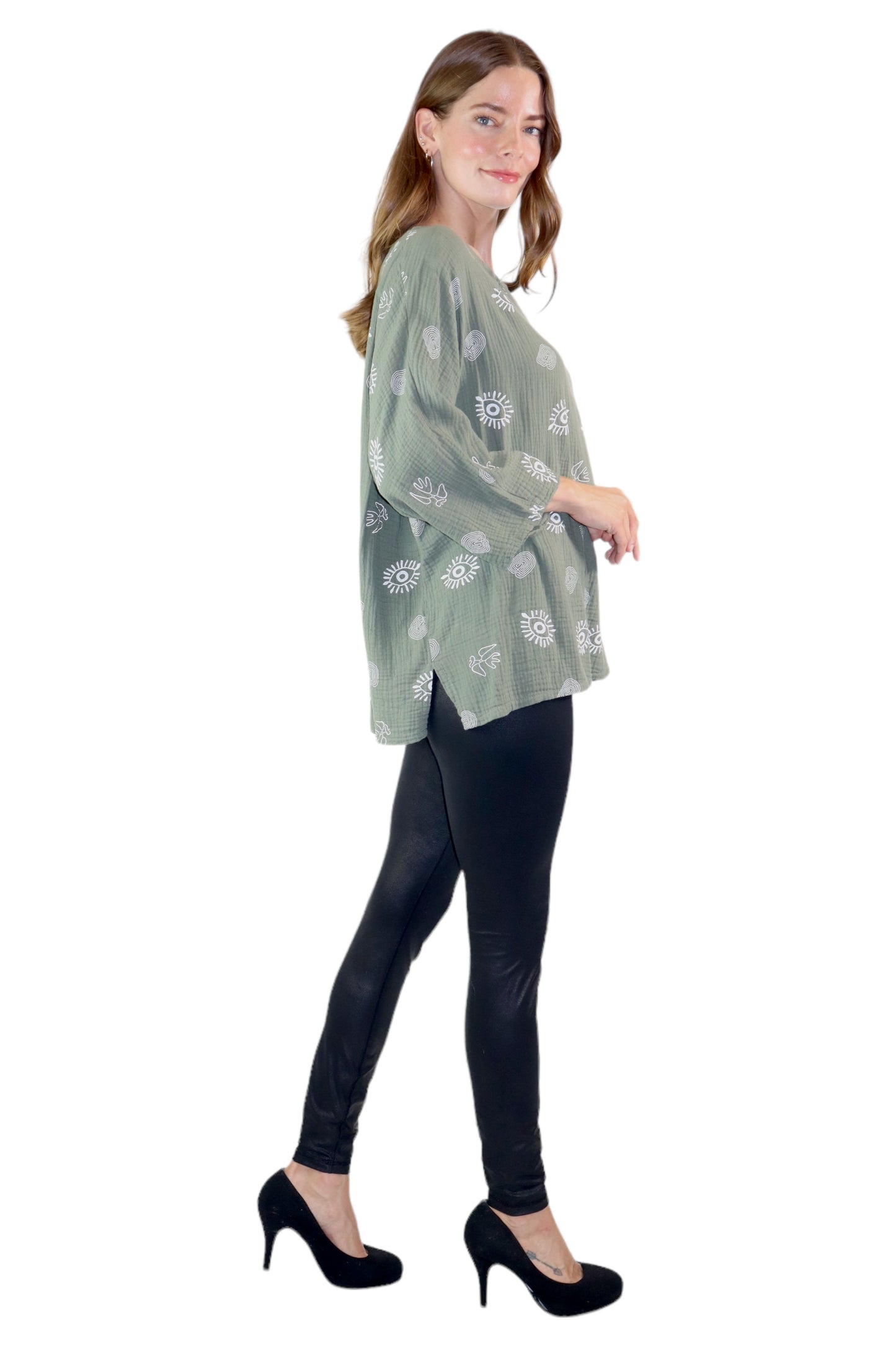 Womens Bohemian Oversized Baggy Artsy Print Cotton Gauze Tunic Blouse Top | One Size Fits all (S-3X)