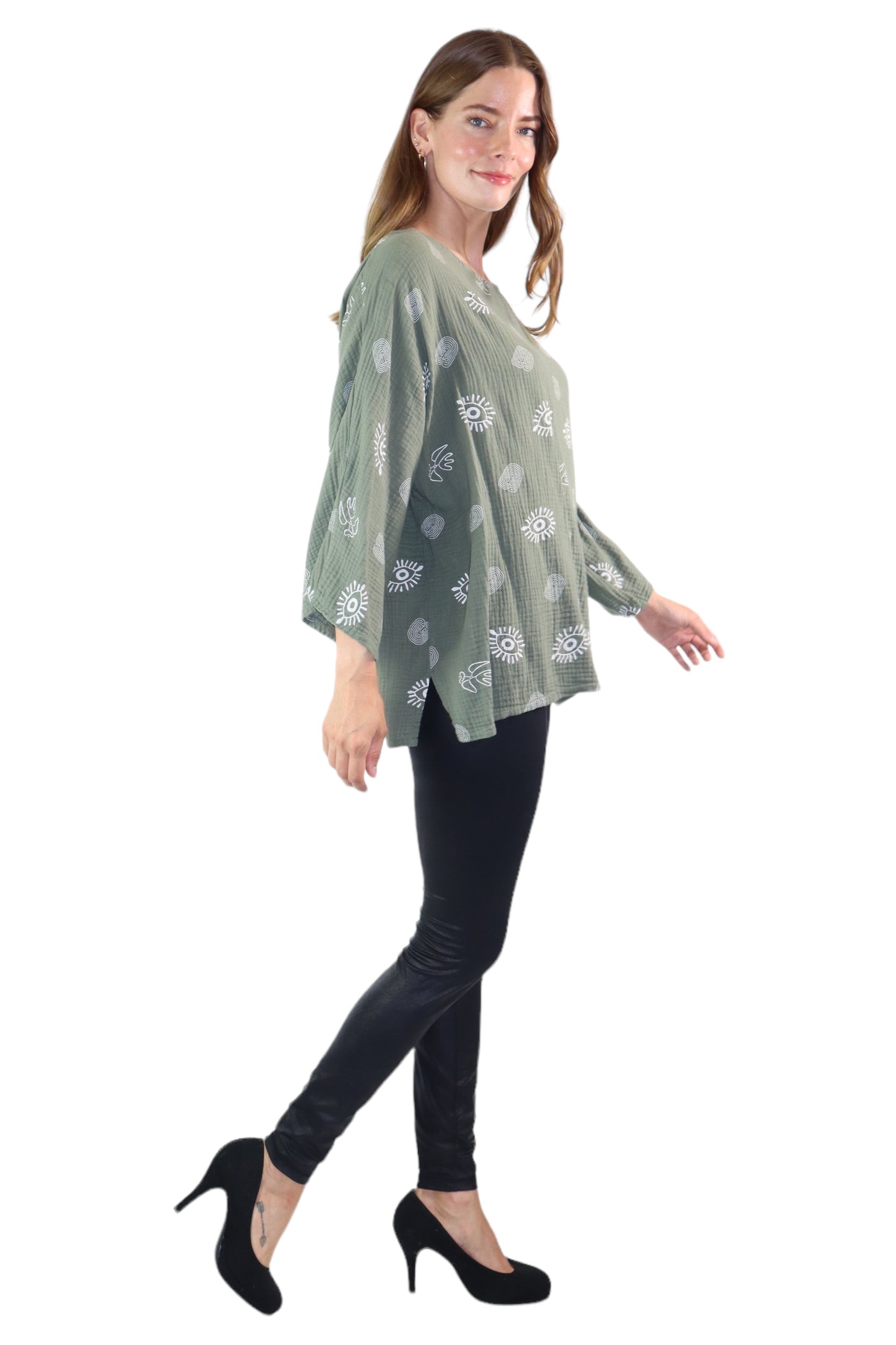 Womens Bohemian Oversized Baggy Artsy Print Cotton Gauze Tunic Blouse Top | One Size Fits all (S-3X)
