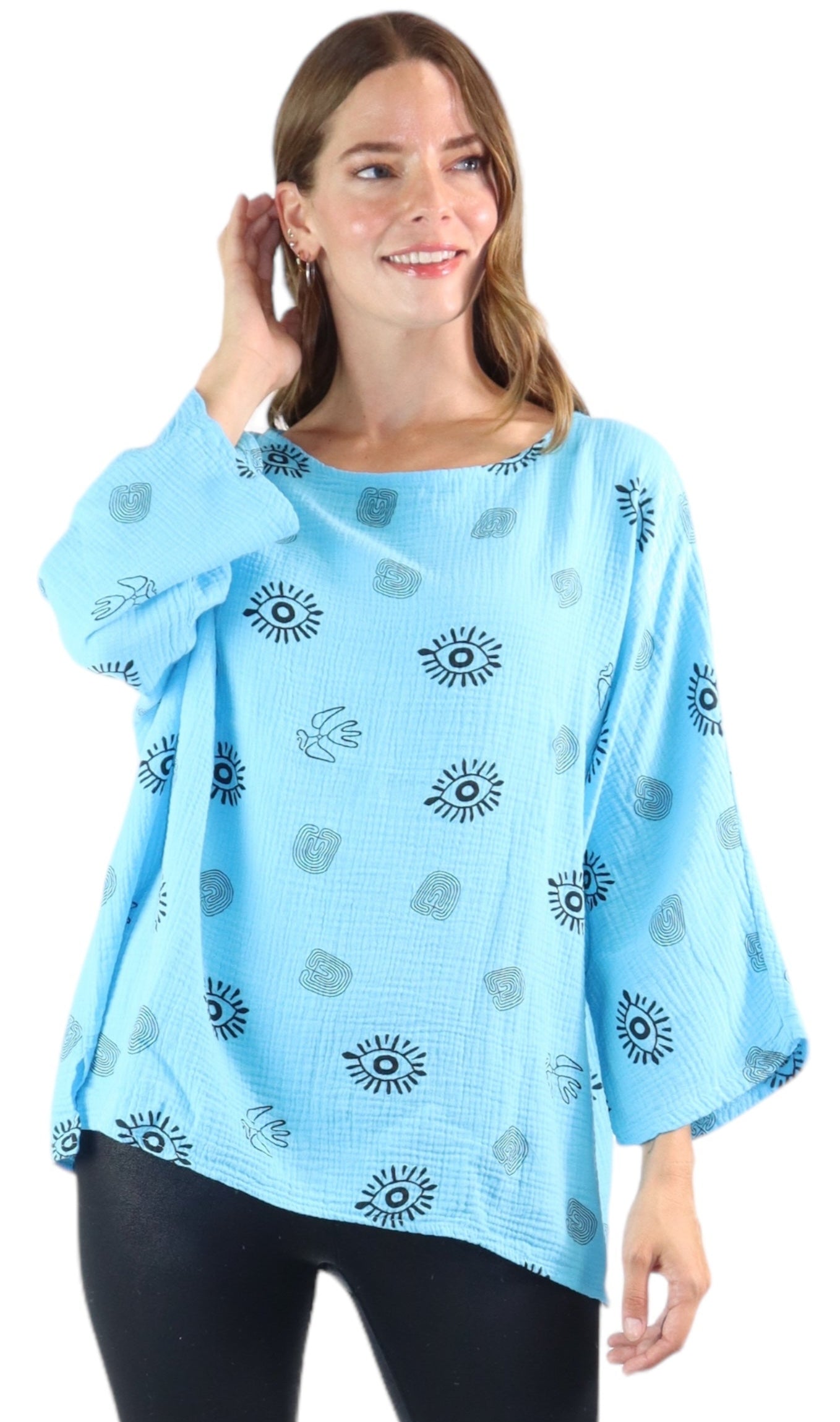 Womens Bohemian Oversized Baggy Artsy Print Cotton Gauze Tunic Blouse Top | One Size Fits all (S-3X)