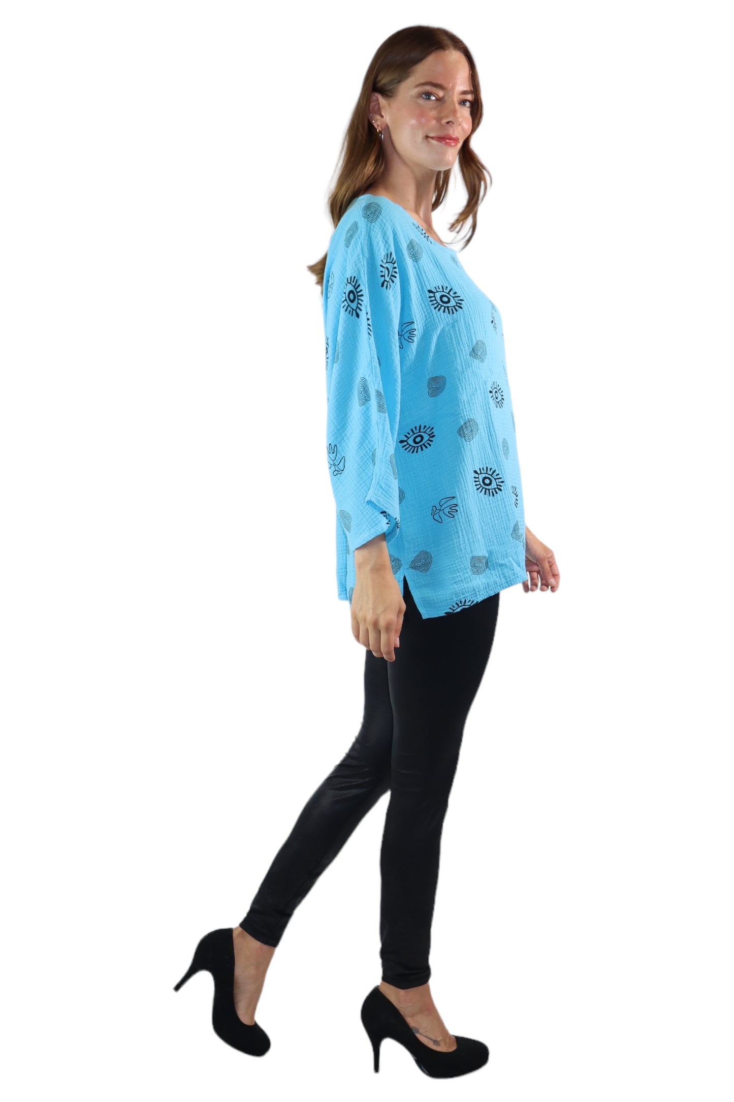 Womens Bohemian Oversized Baggy Artsy Print Cotton Gauze Tunic Blouse Top | One Size Fits all (S-3X)