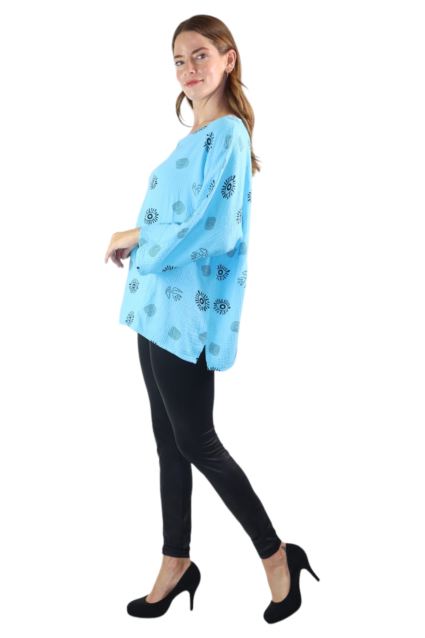 Womens Bohemian Oversized Baggy Artsy Print Cotton Gauze Tunic Blouse Top | One Size Fits all (S-3X)