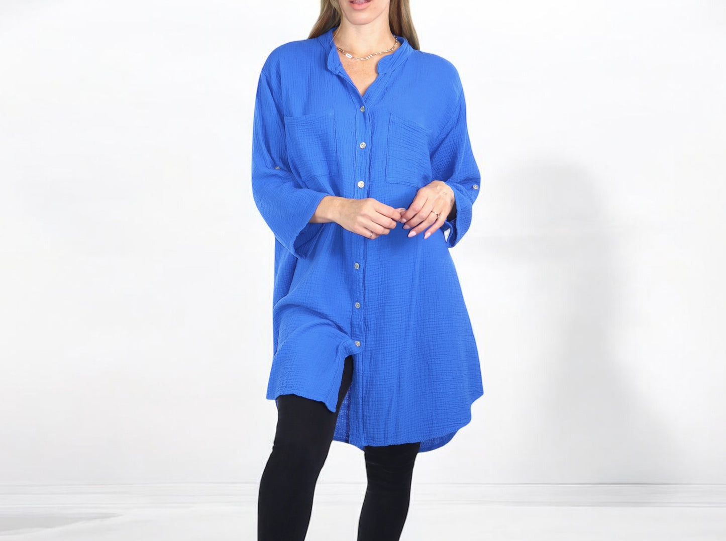 Long Button Down Cotton Gauze Relaxed Fit Tunic Top | One Size Fits all (S-3XL)