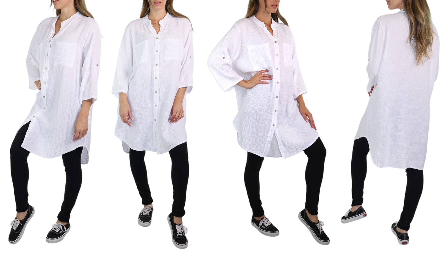 Long Button Down Cotton Gauze Relaxed Fit Tunic Top | One Size Fits all (S-3XL)