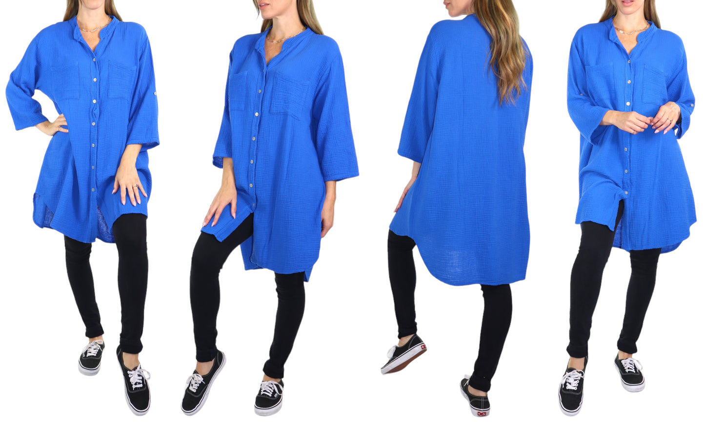 Long Button Down Cotton Gauze Relaxed Fit Tunic Top | One Size Fits all (S-3XL)