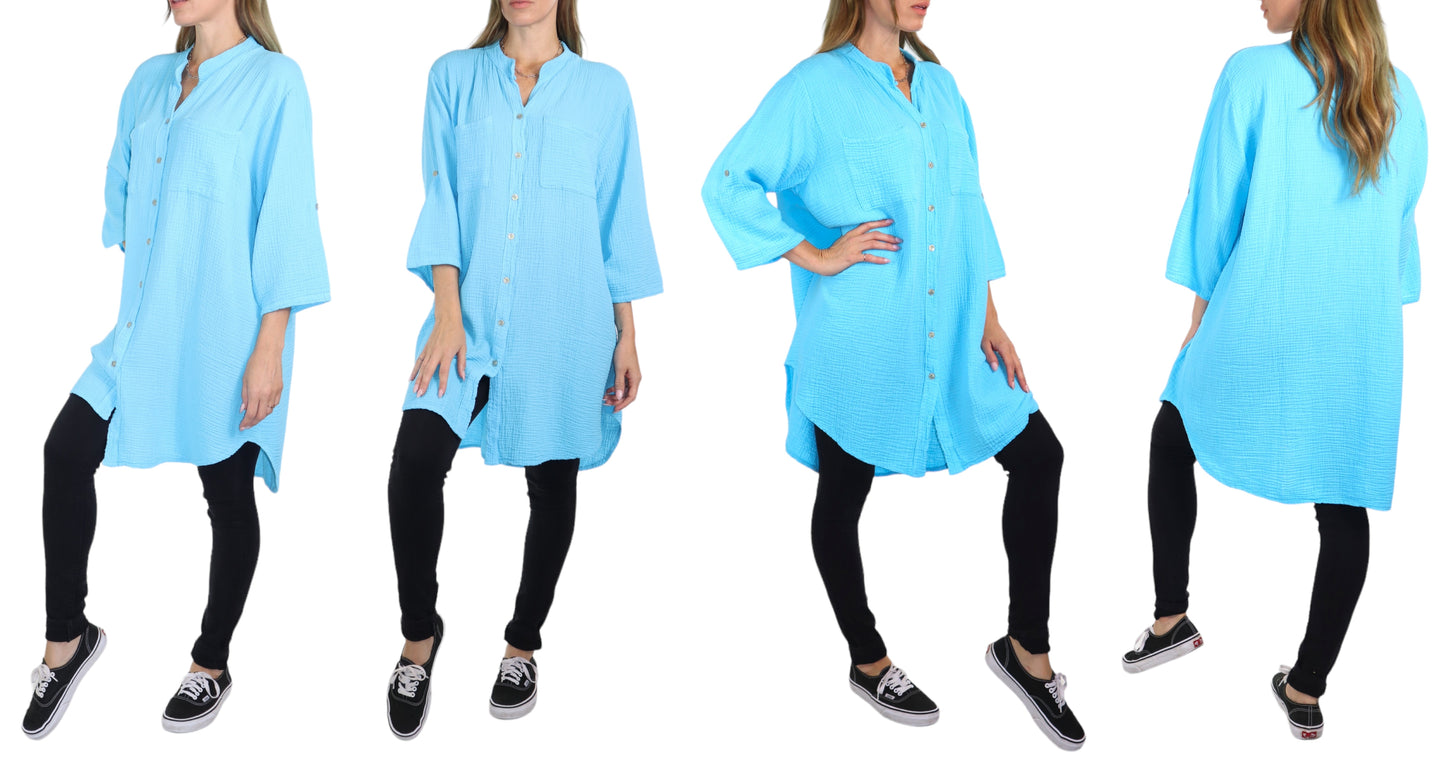 Long Button Down Cotton Gauze Relaxed Fit Tunic Top | One Size Fits all (S-3XL)
