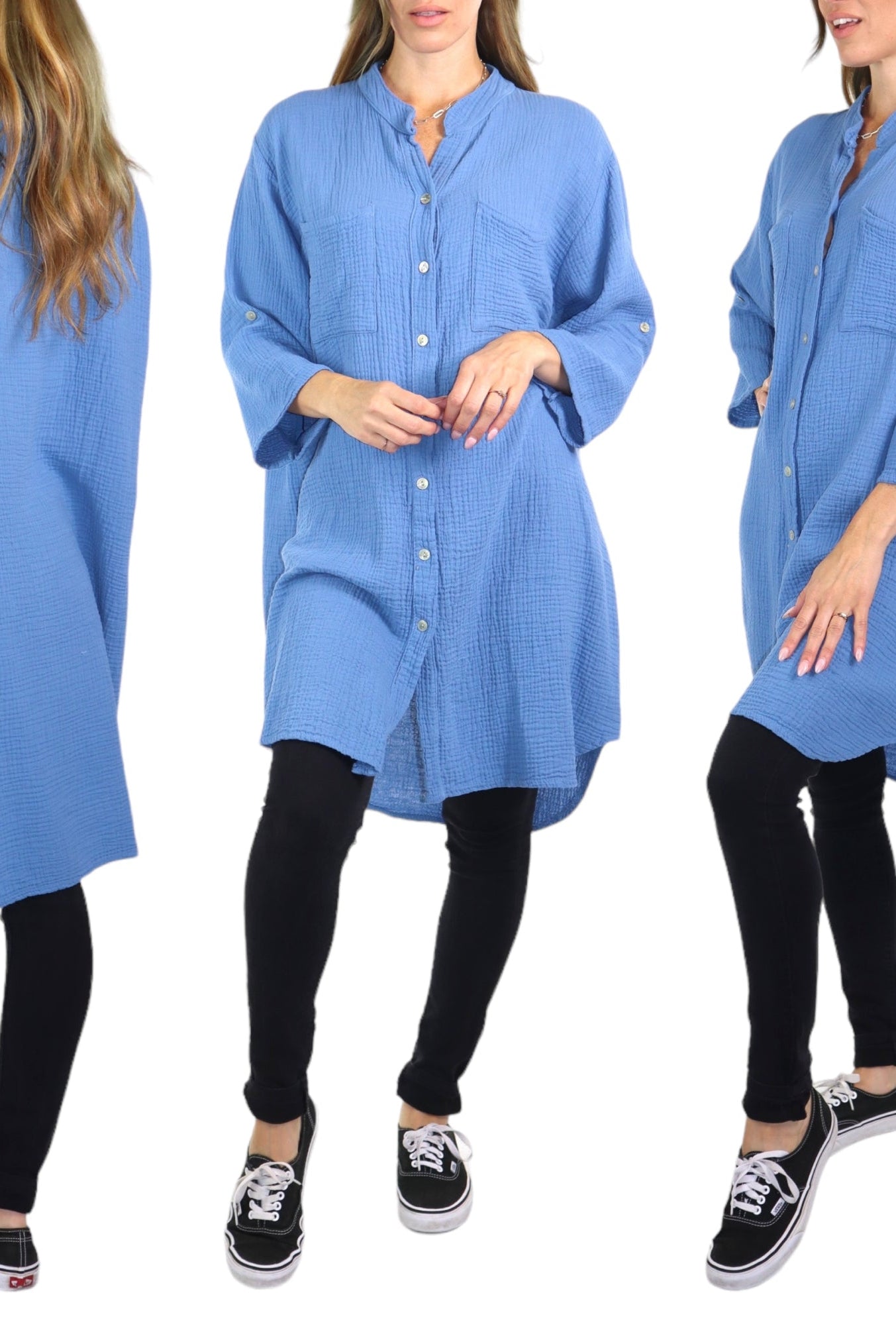 Long Button Down Cotton Gauze Relaxed Fit Tunic Top | One Size Fits all (S-3XL)
