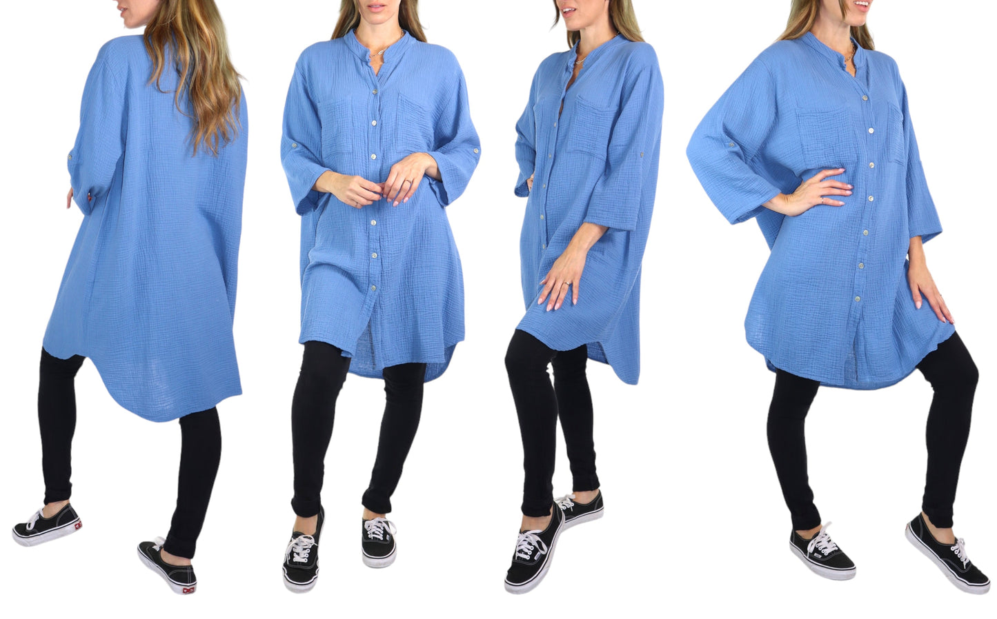 Long Button Down Cotton Gauze Relaxed Fit Tunic Top | One Size Fits all (S-3XL)