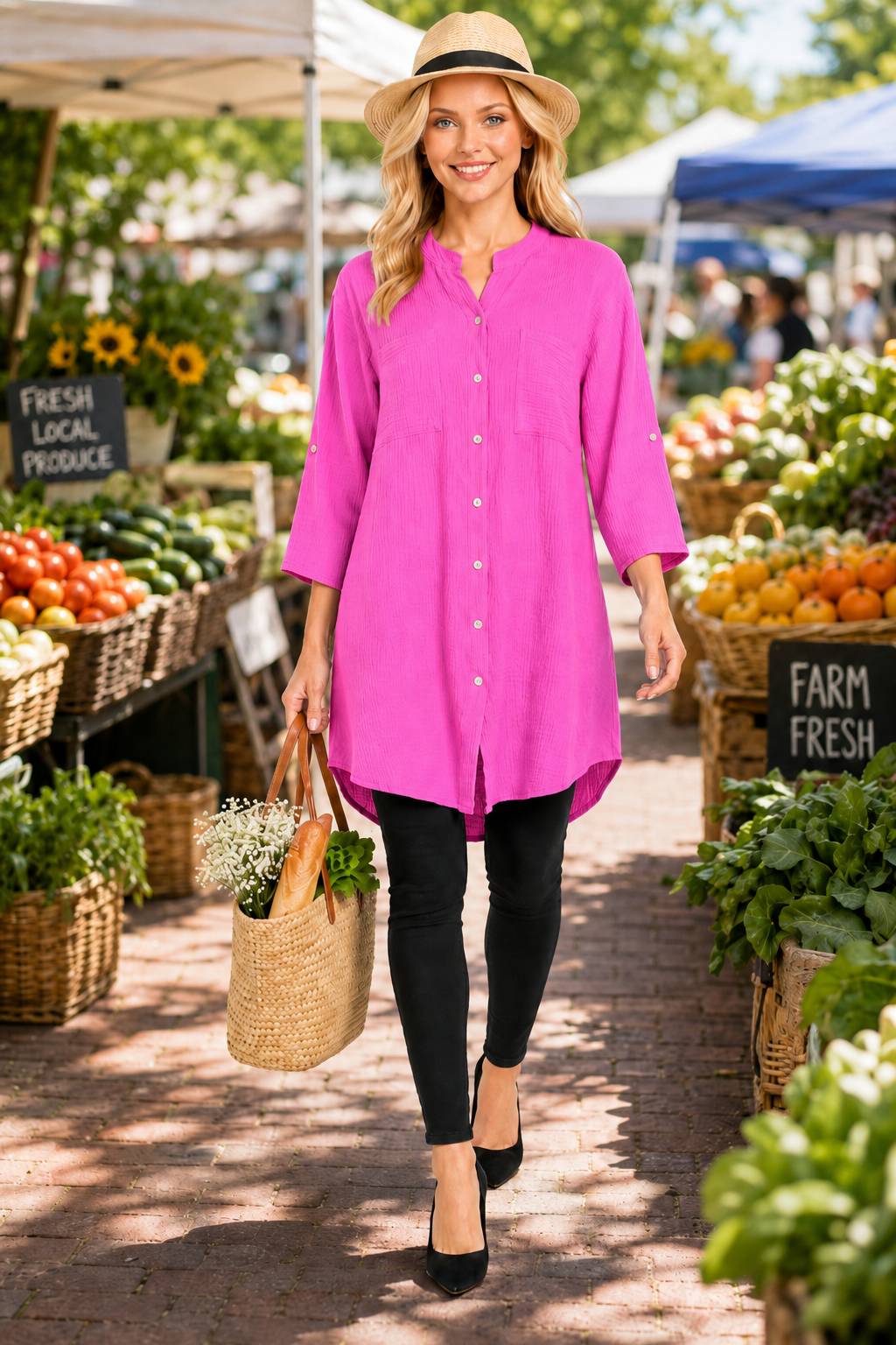 Long Button Down Cotton Gauze Relaxed Fit Tunic Top | One Size Fits all (S-2XL)