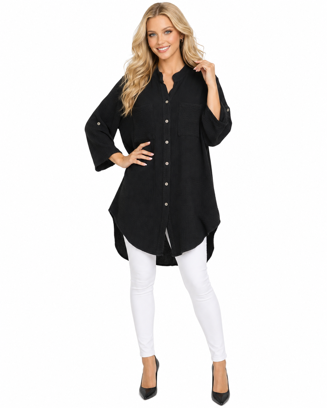 Long Button Down Cotton Gauze Relaxed Fit Tunic Top | One Size Fits all (S-2XL)