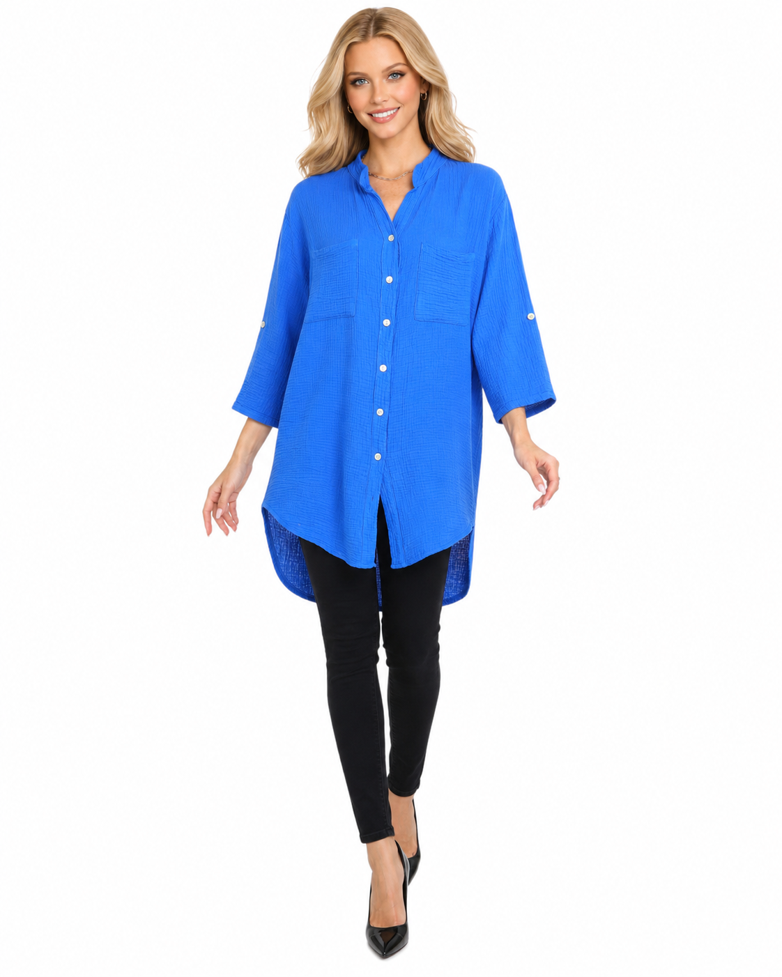 Long Button Down Cotton Gauze Relaxed Fit Tunic Top | One Size Fits all (S-2XL)