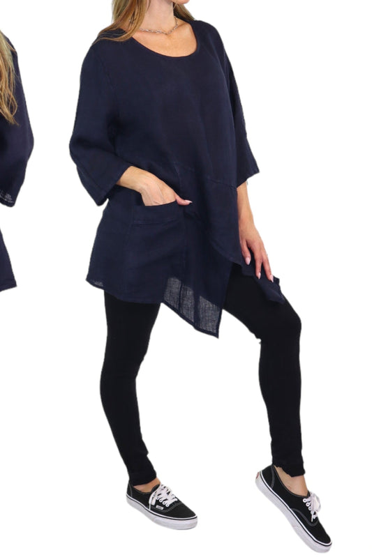 Linen Asymmetrical Tunic Blouse Top | One Size Fits All (Fits S-2X)