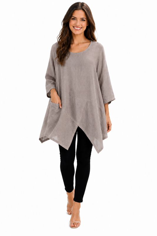 Linen Asymmetrical Tunic Blouse Top | One Size Fits All (Fits S-2X)