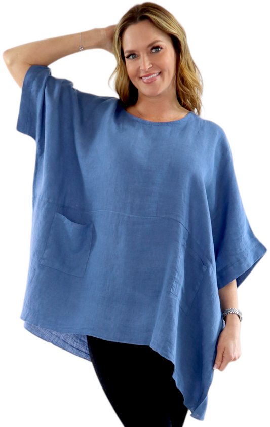 100% Linen Bohemian Boxy Poncho Style Tunic, Made in Italy | One Size Fits All (Sizes S-3X).