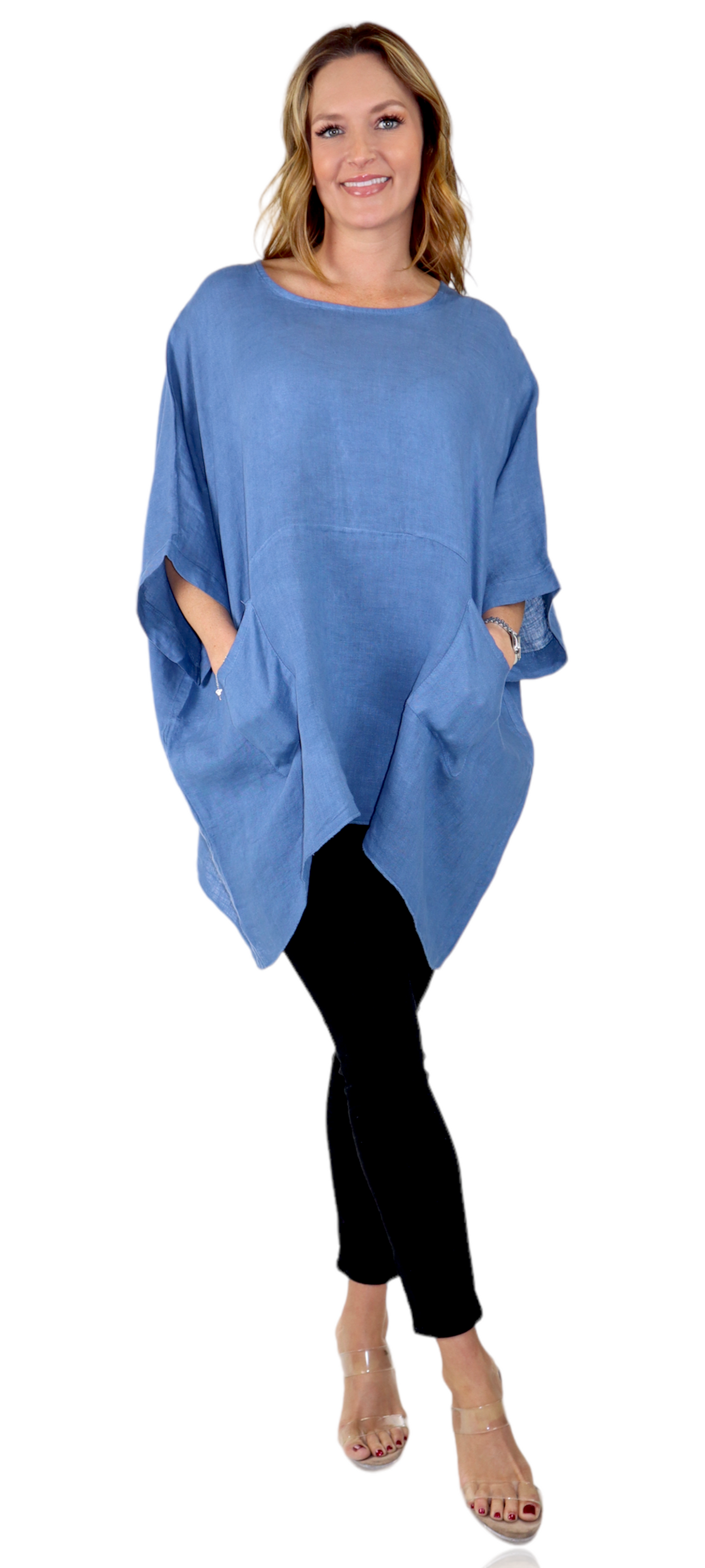 100% Linen Bohemian Boxy Poncho Style Tunic, Made in Italy | One Size Fits All (Sizes S-3X).