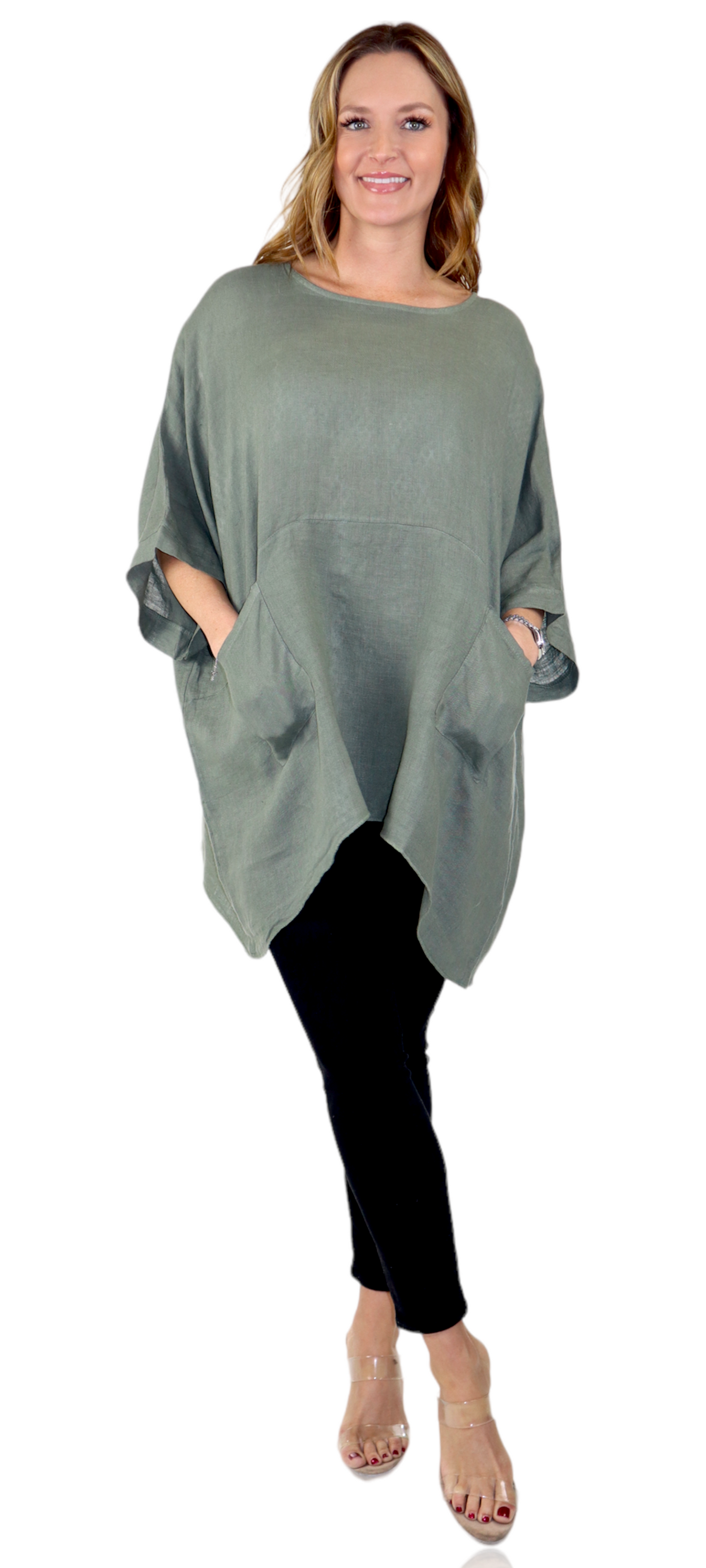 100% Linen Bohemian Boxy Poncho Style Tunic, Made in Italy | One Size Fits All (Sizes S-3X).