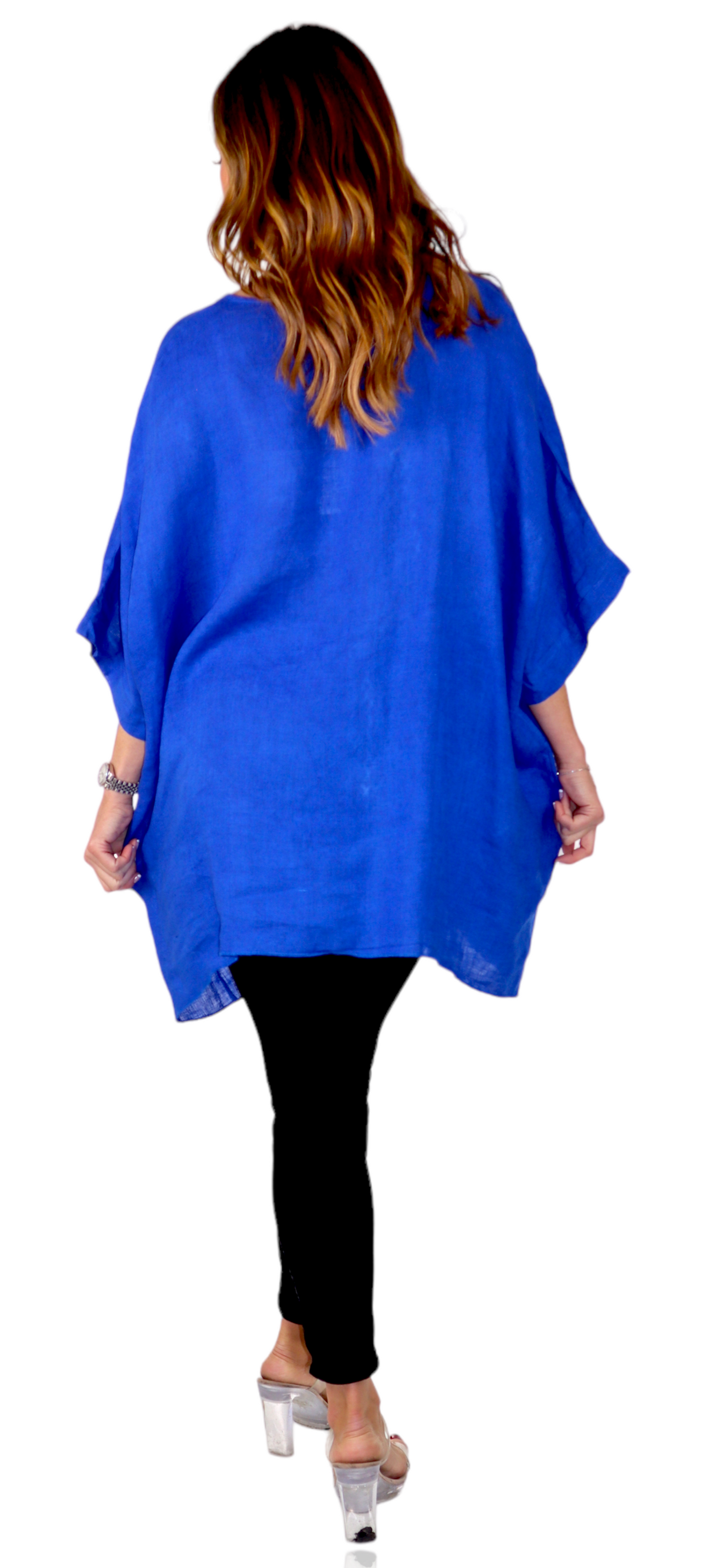 100% Linen Bohemian Boxy Poncho Style Tunic, Made in Italy | One Size Fits All (Sizes S-3X).