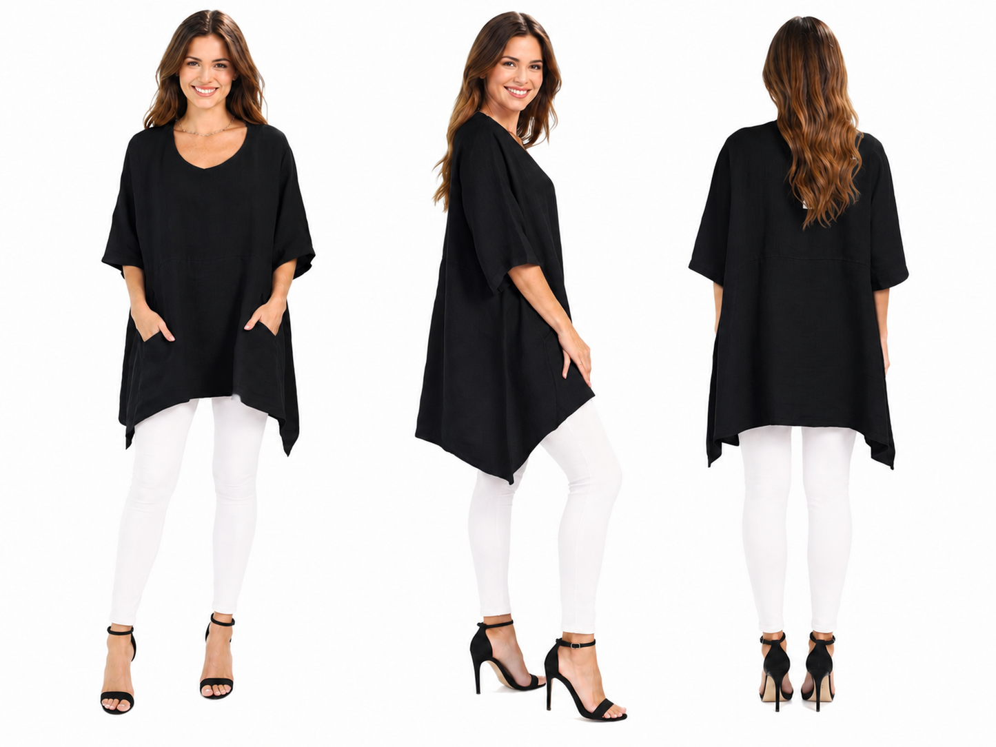 Linen Relaxed Fit Asymmetrical Hem Blouse Top with Front Pockets | One Size Fits All (Fits S-3X)