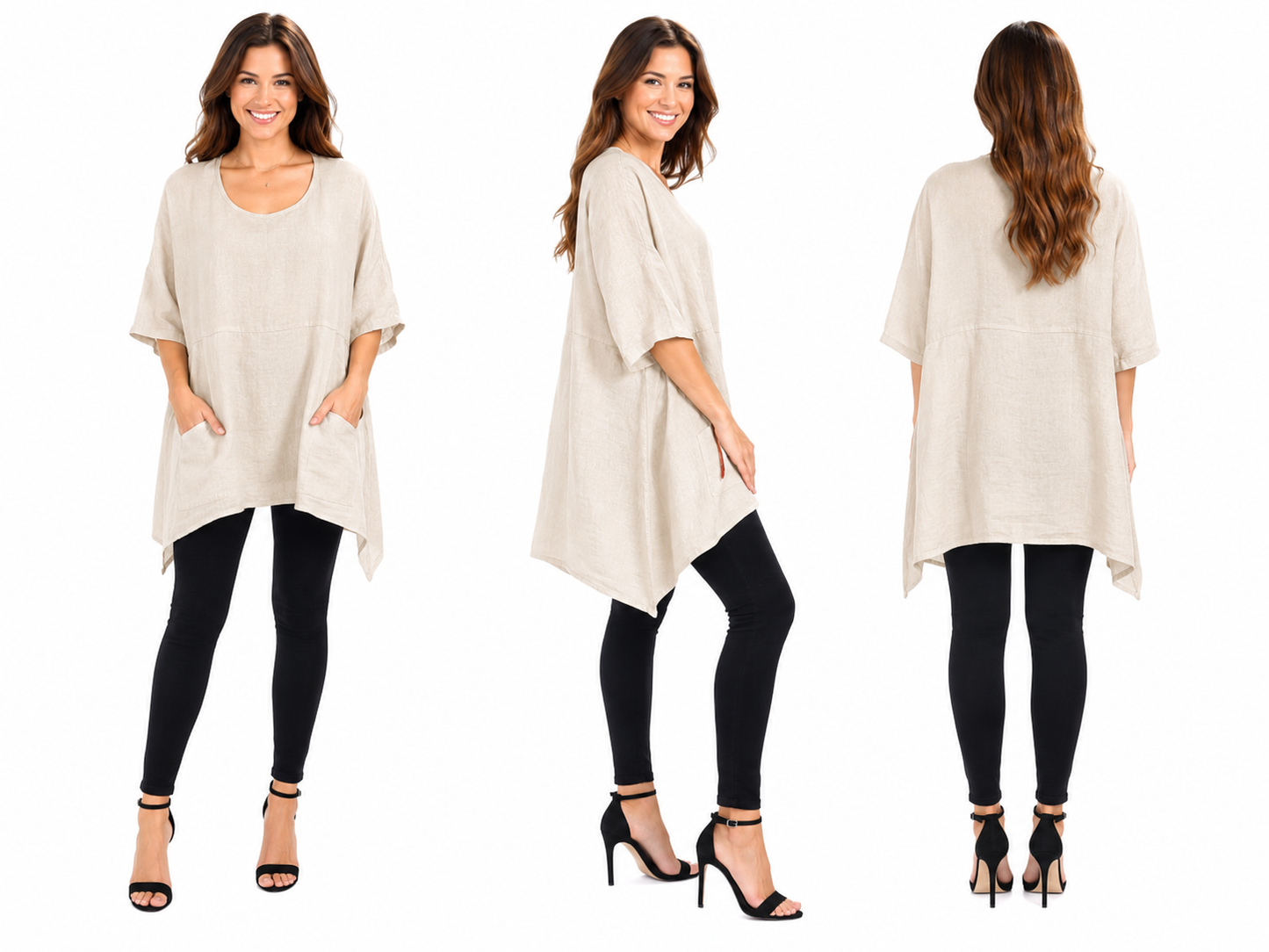 Linen Relaxed Fit Asymmetrical Hem Blouse Top with Front Pockets | One Size Fits All (Fits S-3X)
