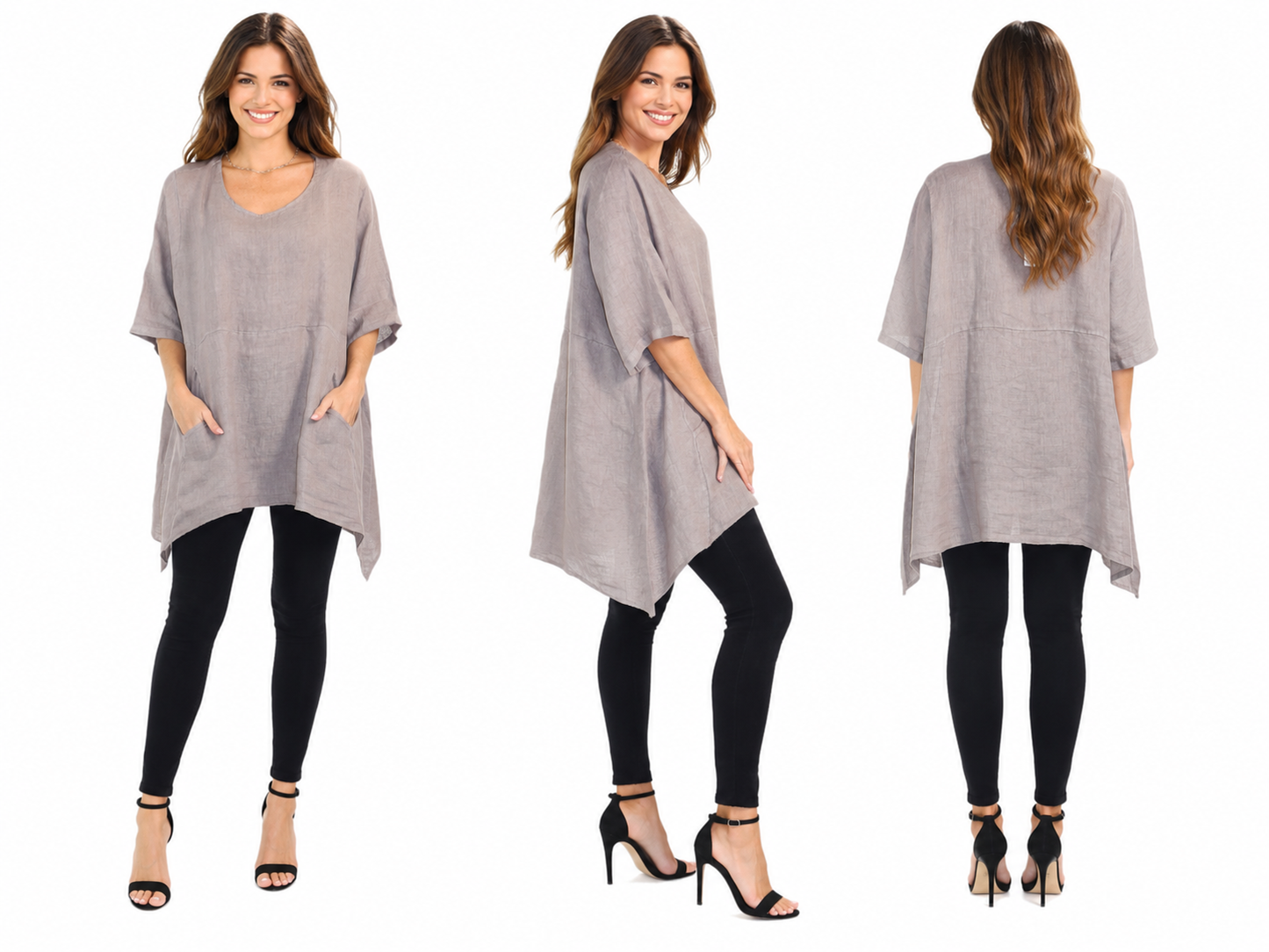 Linen Relaxed Fit Asymmetrical Hem Blouse Top with Front Pockets | One Size Fits All (Fits S-3X)