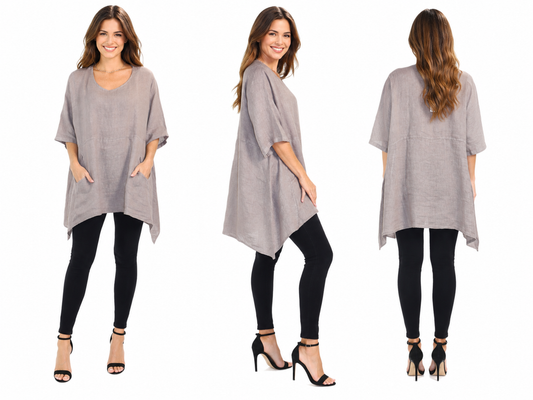 Linen Relaxed Fit Asymmetrical Hem Blouse Top with Front Pockets | One Size Fits All (Fits S-3X)