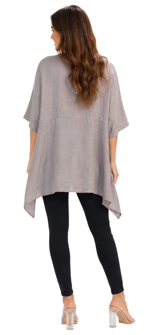 Linen Relaxed Fit Asymmetrical Hem Blouse Top with Front Pockets | One Size Fits All (Fits S-3X)