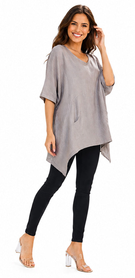 Linen Relaxed Fit Asymmetrical Hem Blouse Top with Front Pockets | One Size Fits All (Fits S-3X)