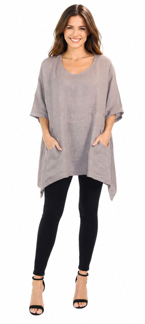 Linen Relaxed Fit Asymmetrical Hem Blouse Top with Front Pockets | One Size Fits All (Fits S-3X)
