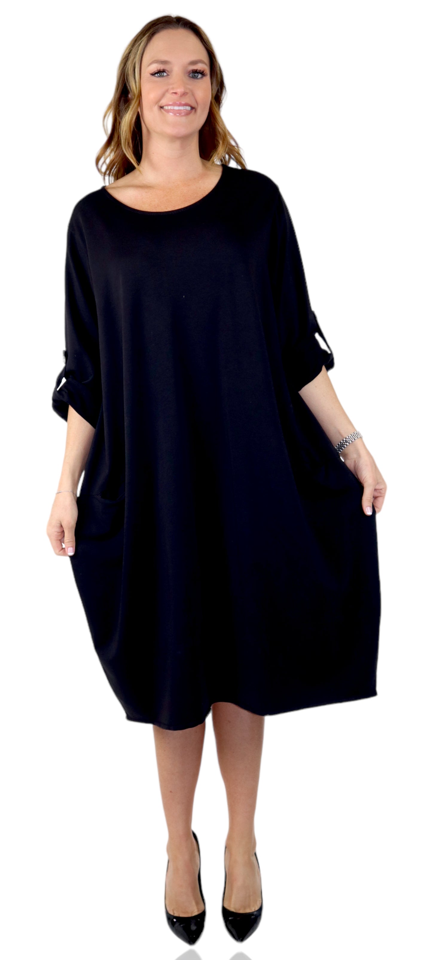 Womens Relaxed Fit Midi Dress with Ballon Hem and Front Pockets