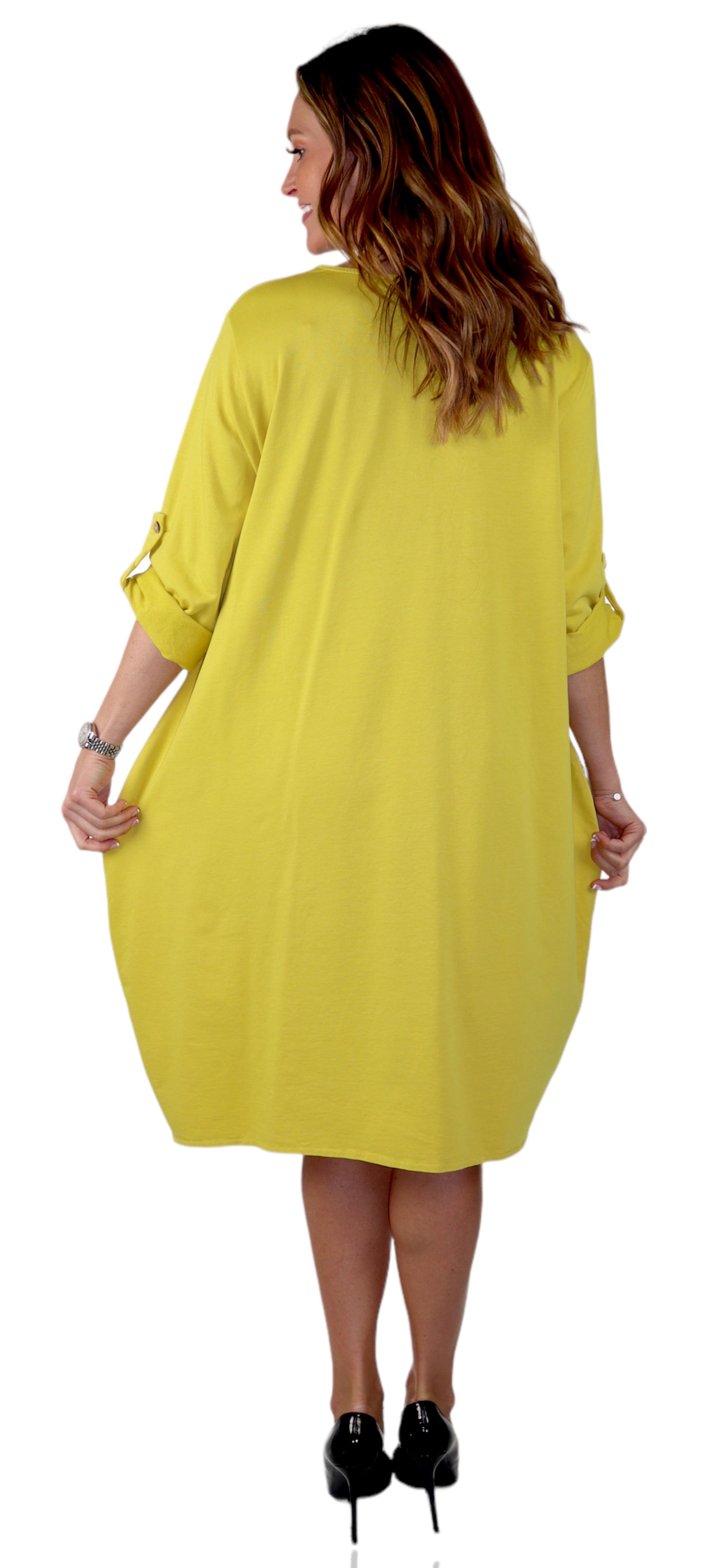 Womens Relaxed Fit Midi Dress with Ballon Hem and Front Pockets