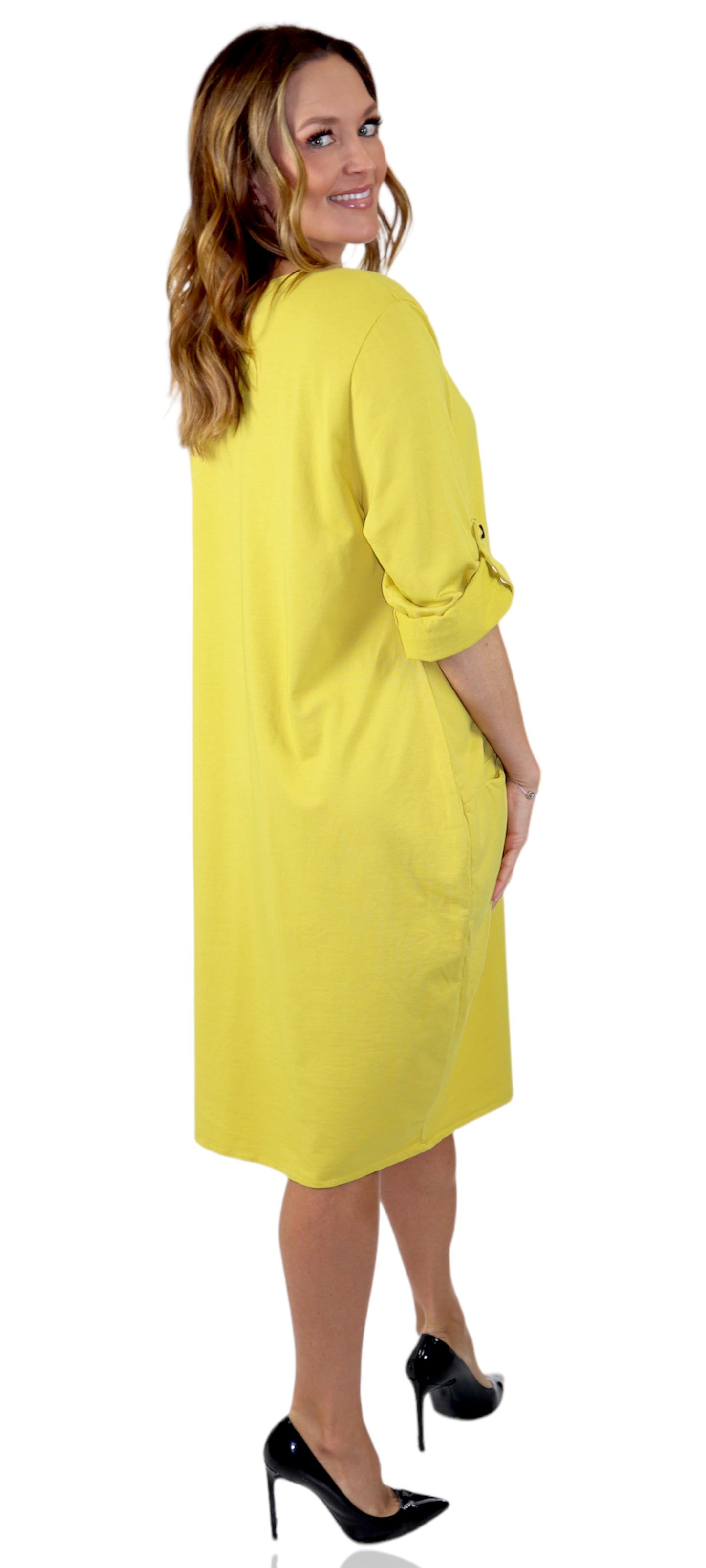 Womens Relaxed Fit Midi Dress with Ballon Hem and Front Pockets