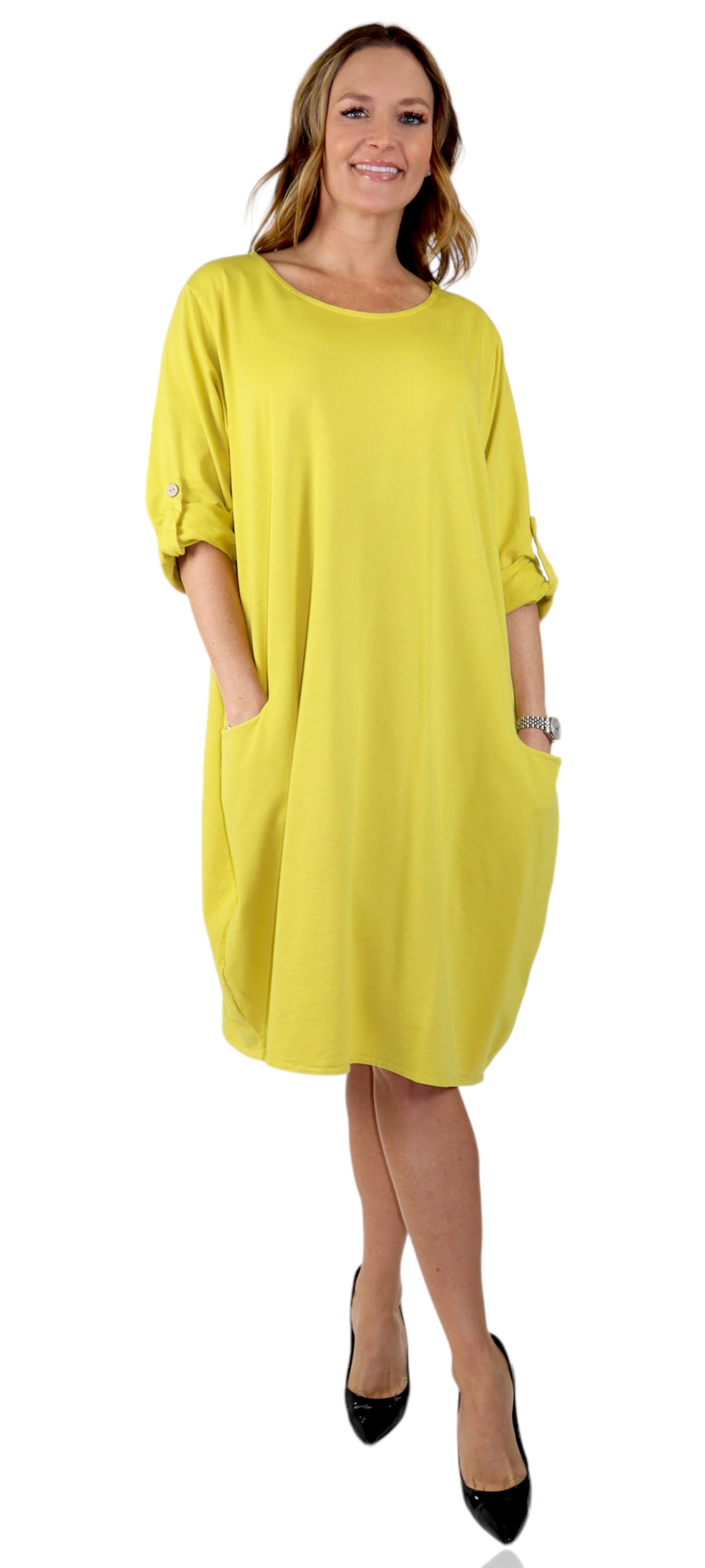 Womens Relaxed Fit Midi Dress with Ballon Hem and Front Pockets